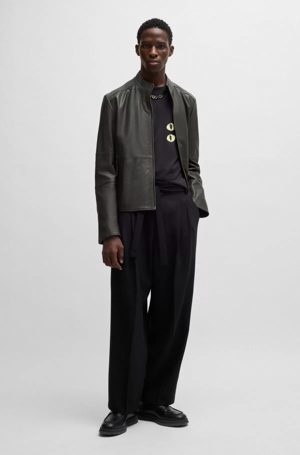 HUGO BOSS Slim Fit Læderjakke Med Kinakrave Mørkegrå Online