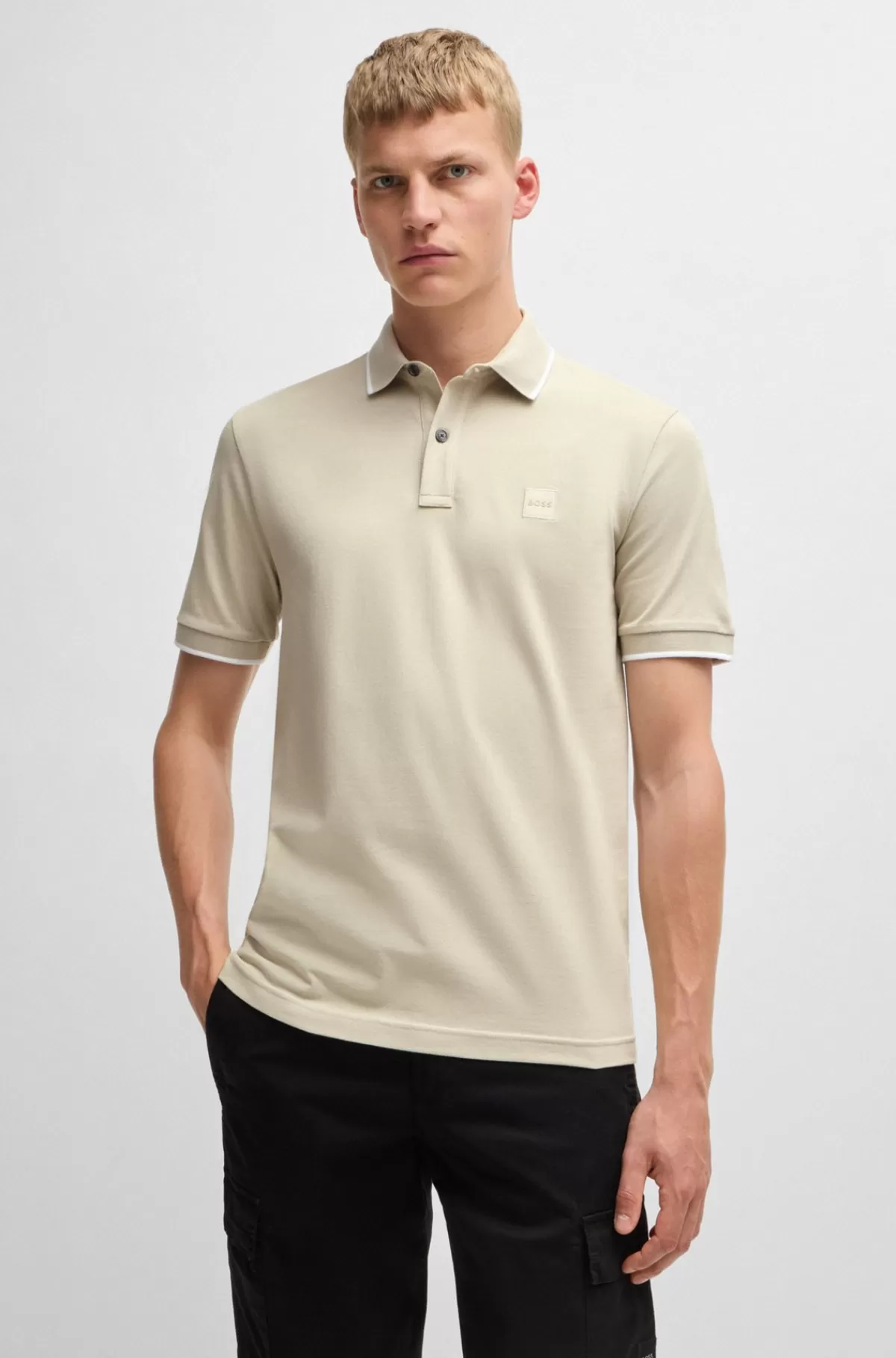 HUGO BOSS Slim Fit Poloshirt I Vasket Bomuldspiqué Med Stræk Naturlig Outlet