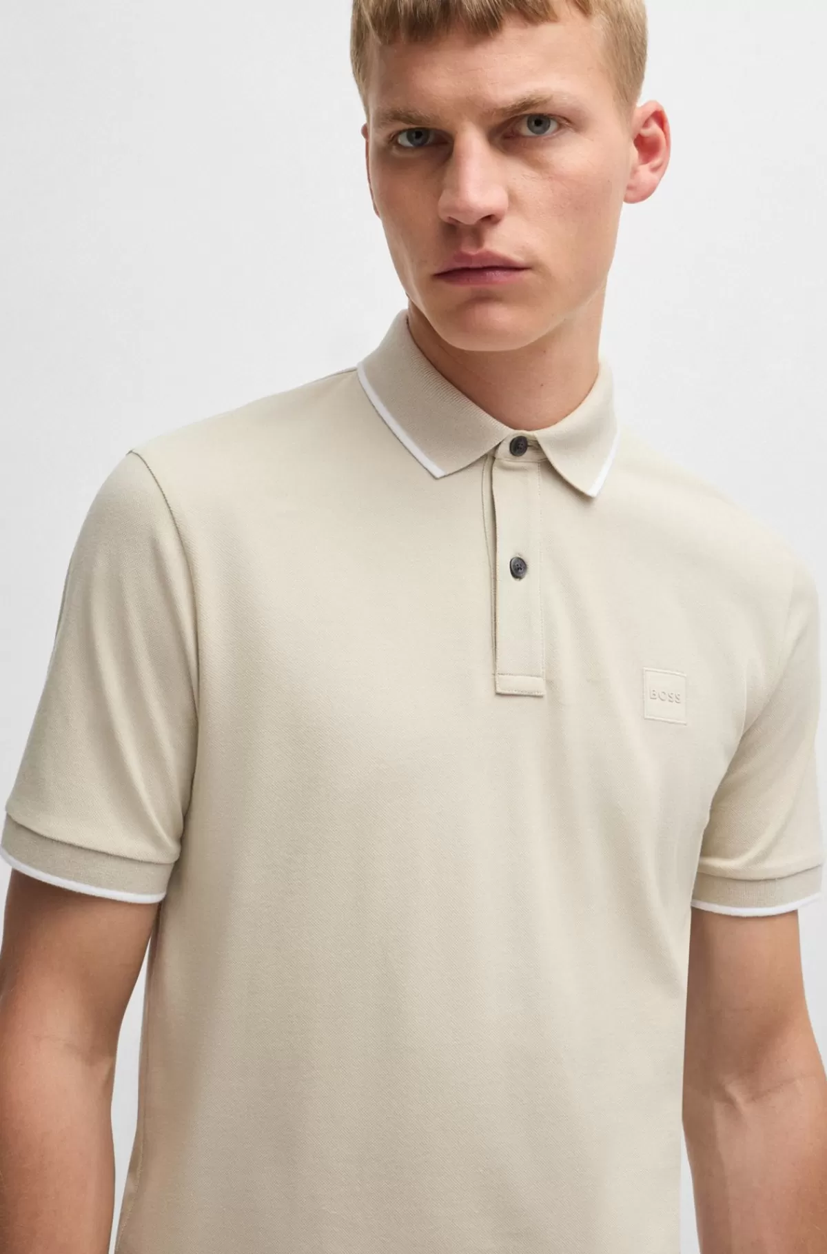 HUGO BOSS Slim Fit Poloshirt I Vasket Bomuldspiqué Med Stræk Naturlig Outlet