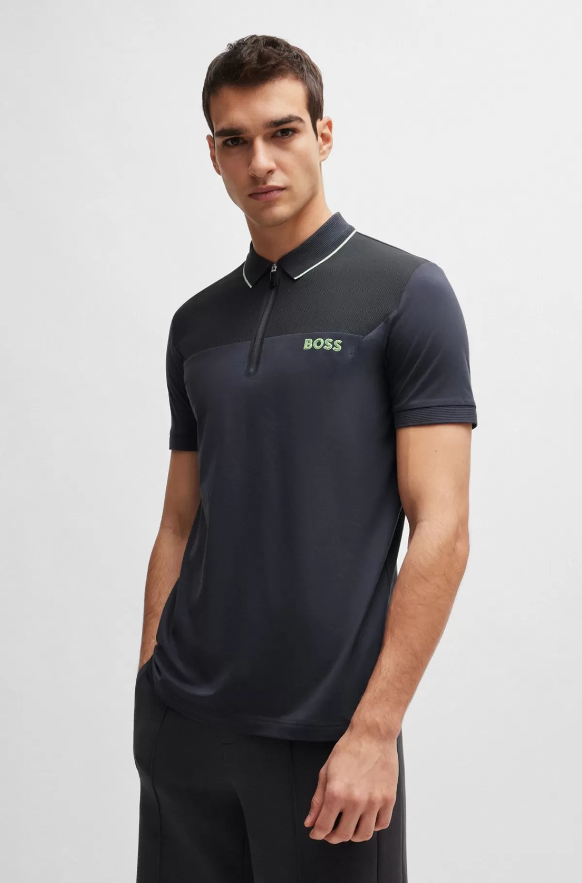 HUGO BOSS Slim Fit Poloshirt Med Lynlås I Halsen Og Meshdetaljer Mørkegrå New