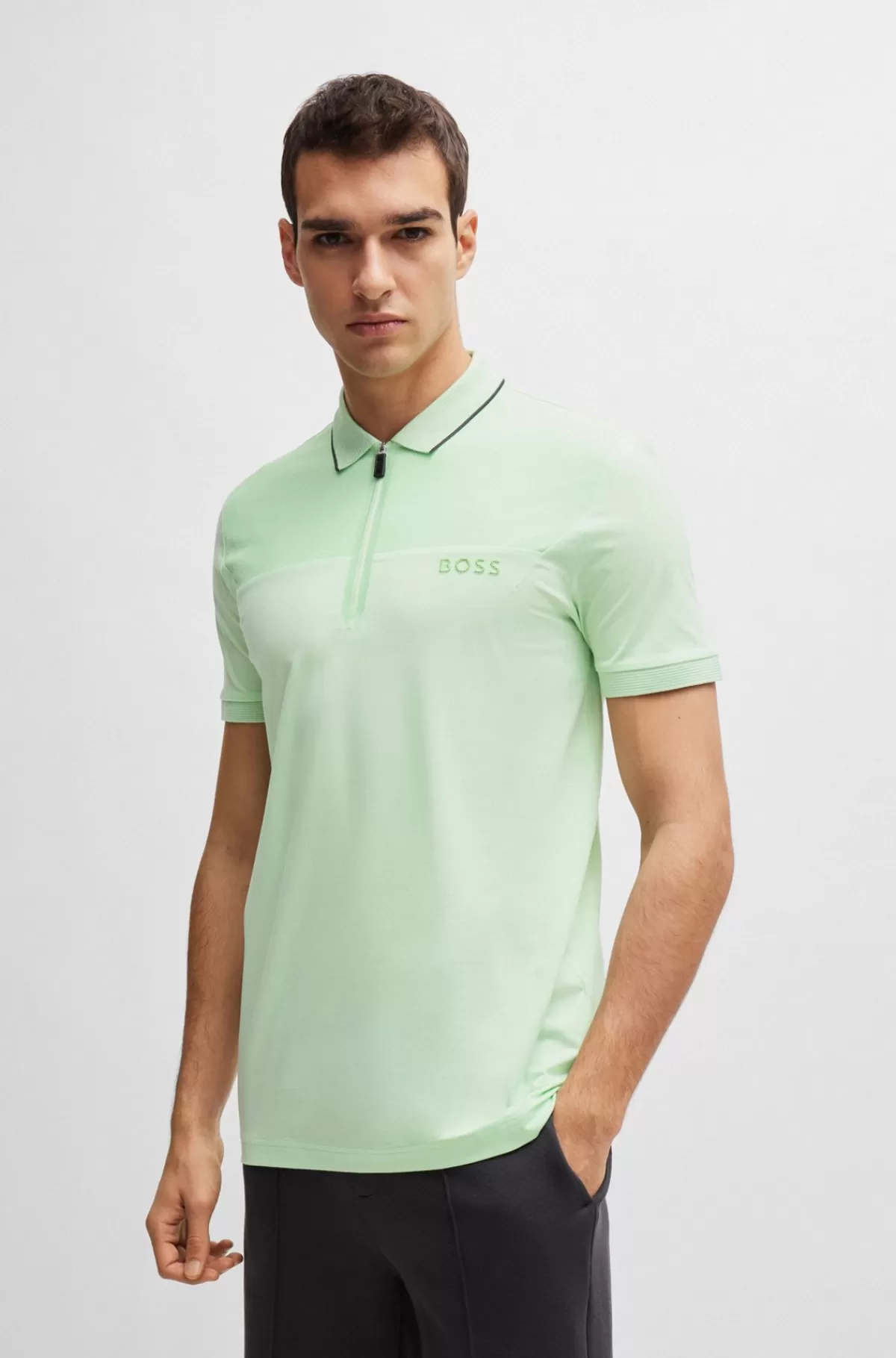 HUGO BOSS Slim Fit Poloshirt Med Lynlås I Halsen Og Meshdetaljer Lysegrøn Fashion