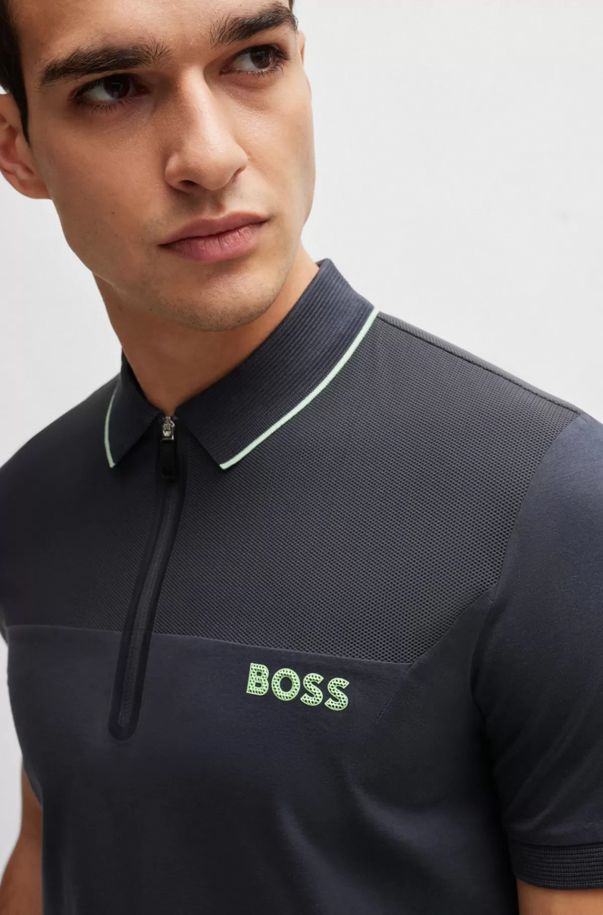 HUGO BOSS Slim Fit Poloshirt Med Lynlås I Halsen Og Meshdetaljer Mørkegrå New