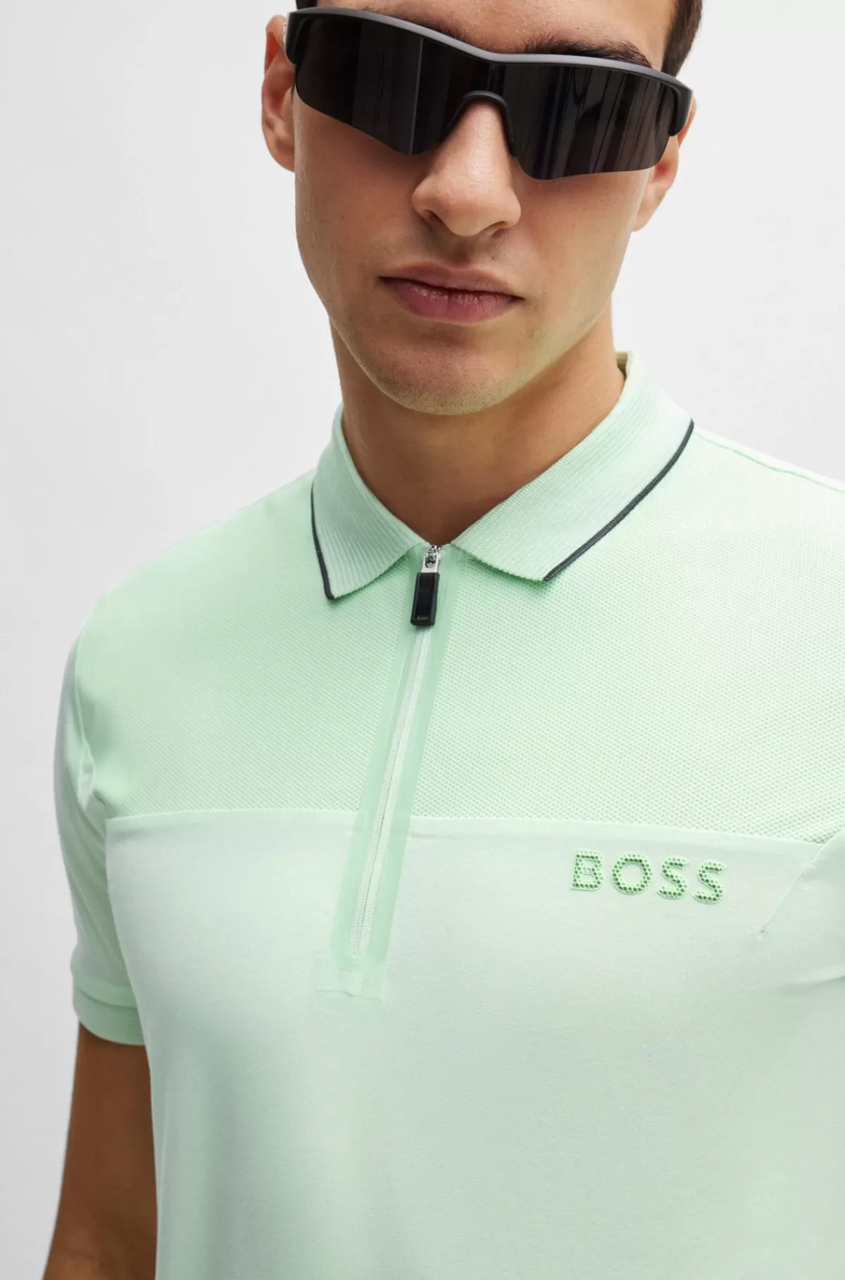 HUGO BOSS Slim Fit Poloshirt Med Lynlås I Halsen Og Meshdetaljer Lysegrøn Fashion