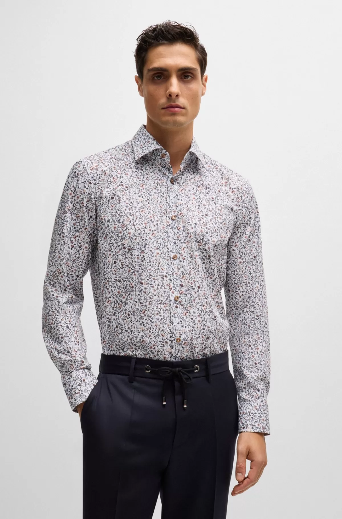 HUGO BOSS Slim Fit Skjorte I Blomstret Bomuld Med Stræk Beige mønstret Best Sale