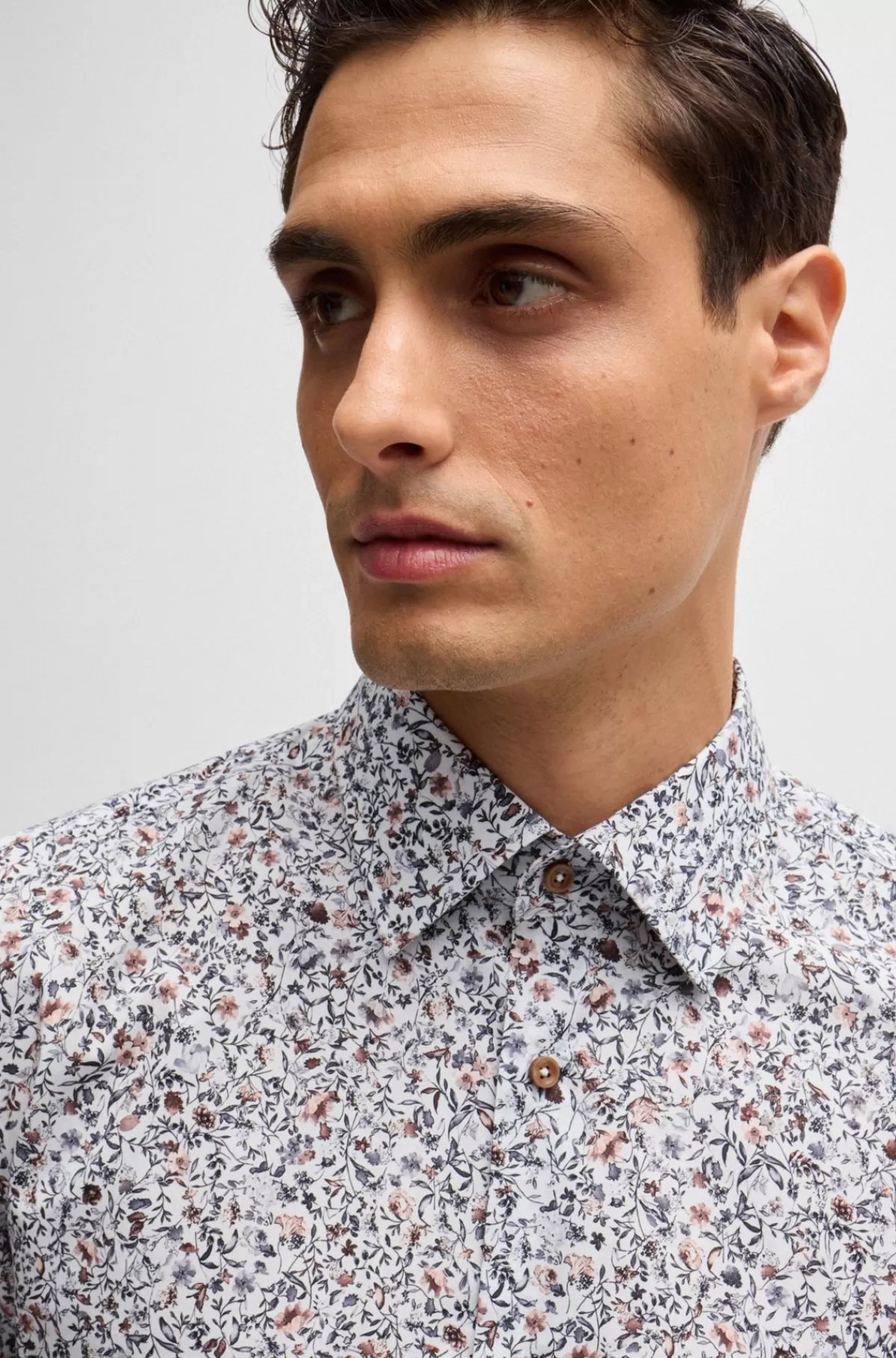 HUGO BOSS Slim Fit Skjorte I Blomstret Bomuld Med Stræk Beige mønstret Best Sale