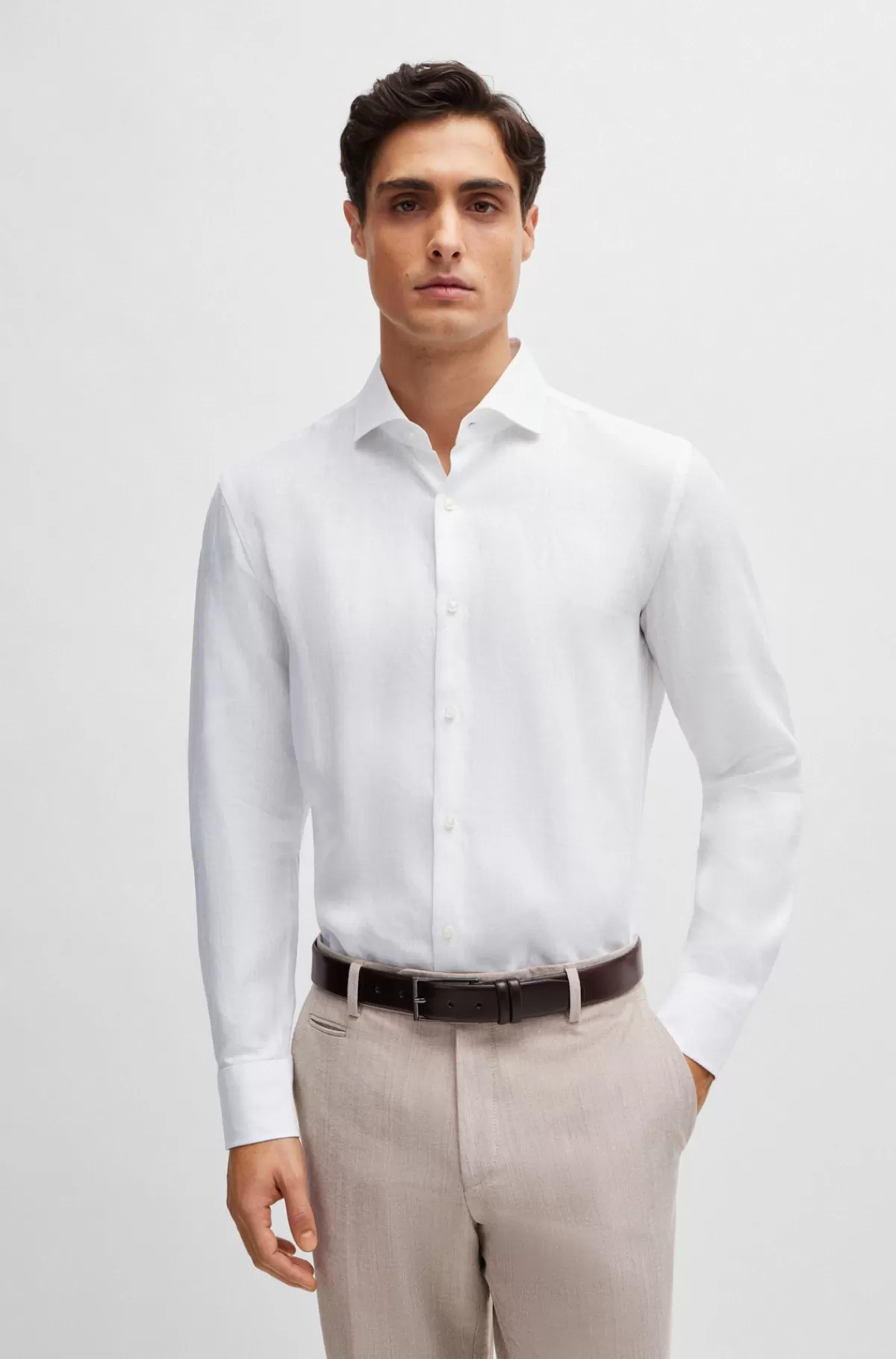 HUGO BOSS Slim Fit Skjorte I Hør Med Viftekrave Hvid New