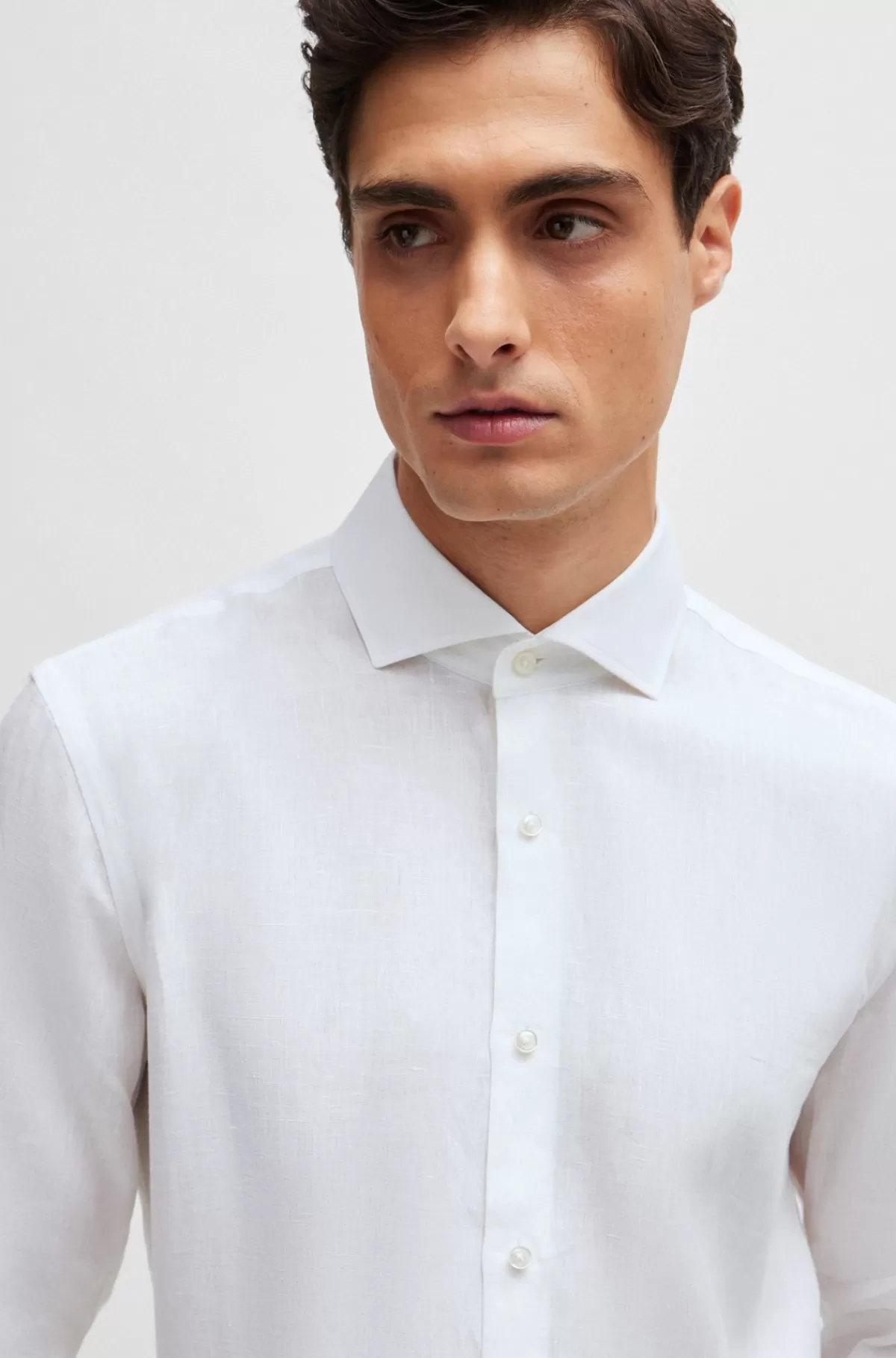 HUGO BOSS Slim Fit Skjorte I Hør Med Viftekrave Hvid New