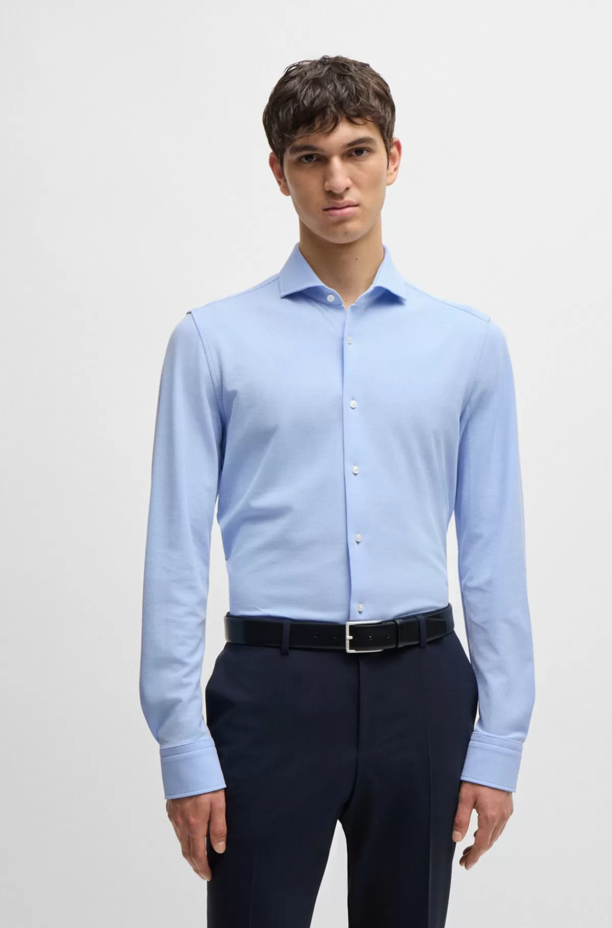 HUGO BOSS Slim Fit Skjorte I Jerseypiqué Af Bomuld Lyseblå Outlet