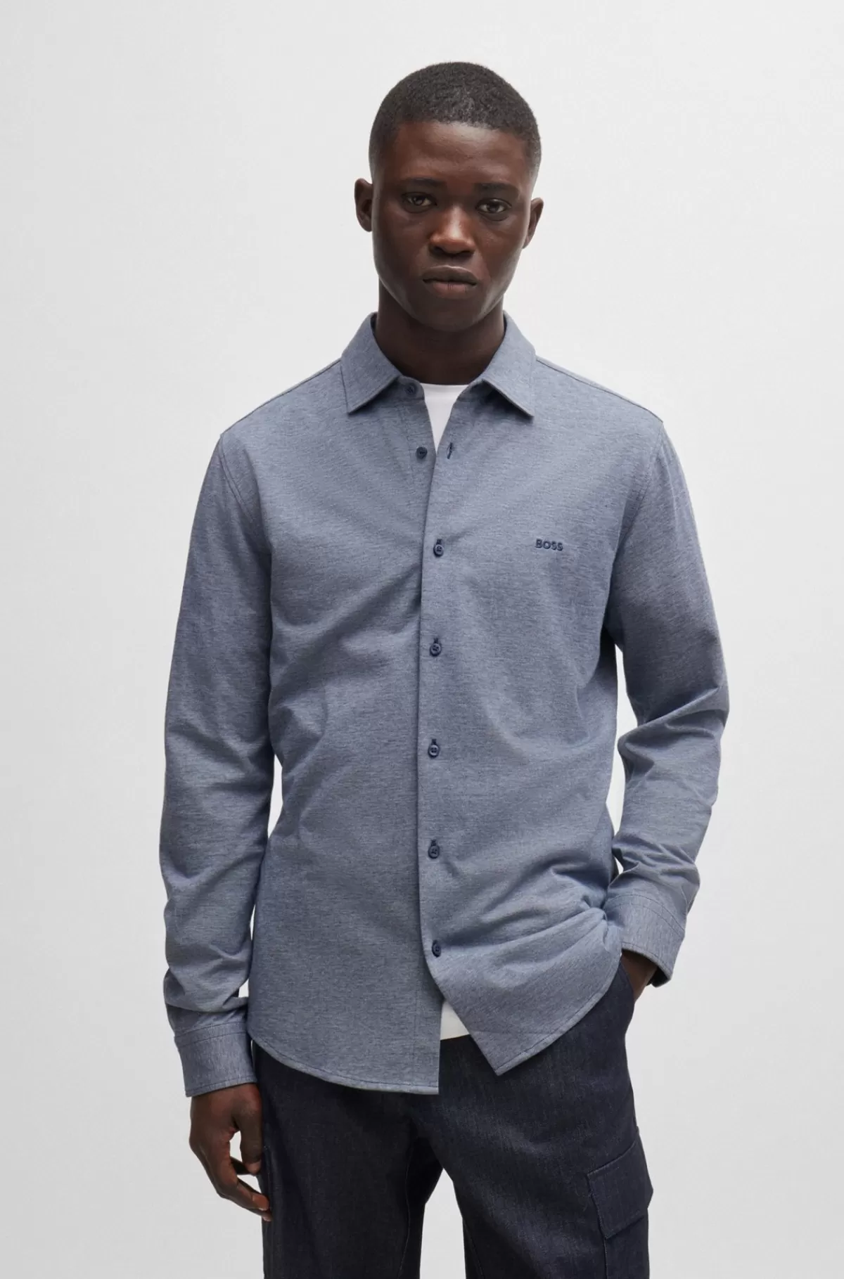 HUGO BOSS Slim Fit Skjorte I Meleret Bomuldspiqué Lyseblå New