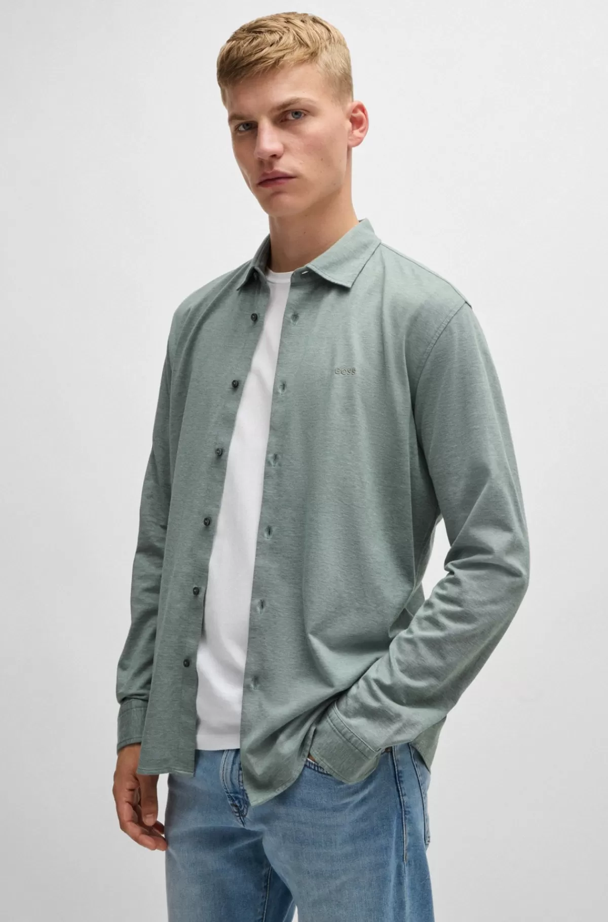 HUGO BOSS Slim Fit Skjorte I Meleret Bomuldspiqué Lysegrøn Online