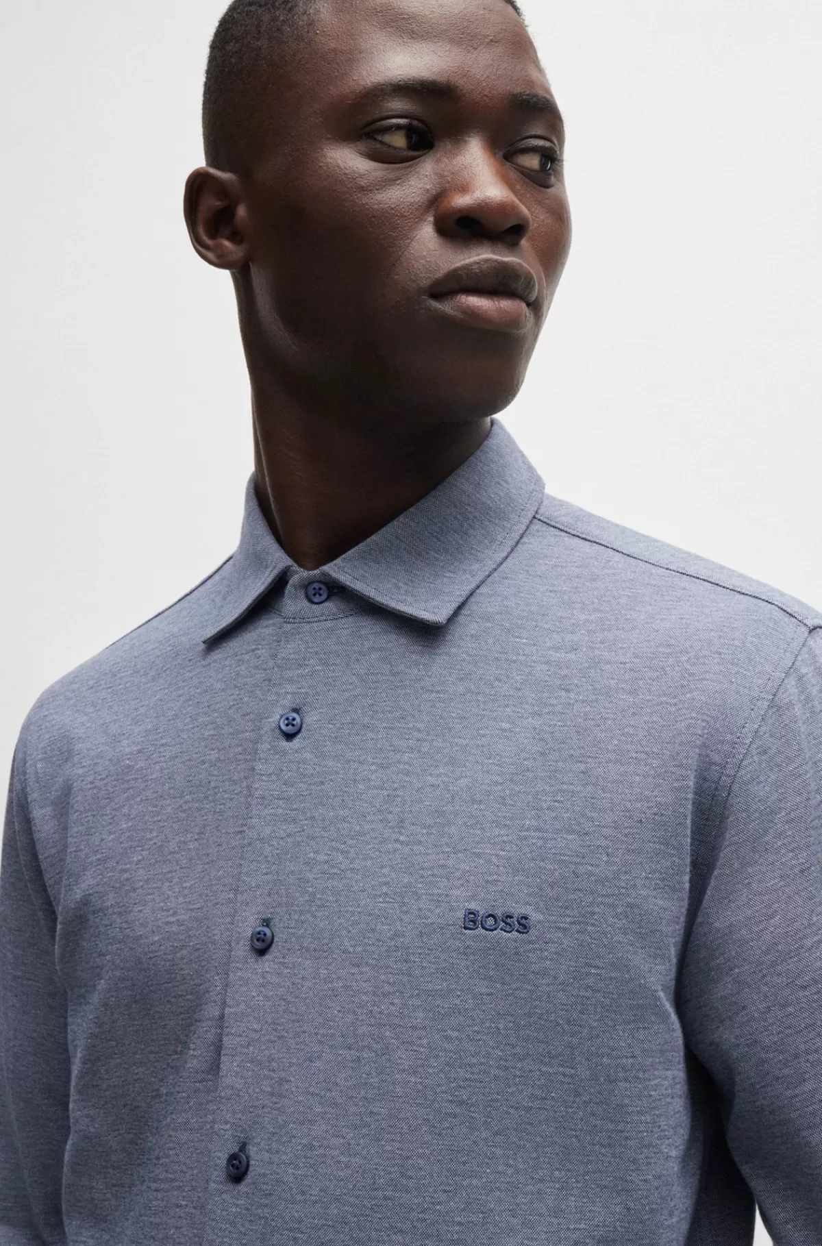 HUGO BOSS Slim Fit Skjorte I Meleret Bomuldspiqué Lyseblå New