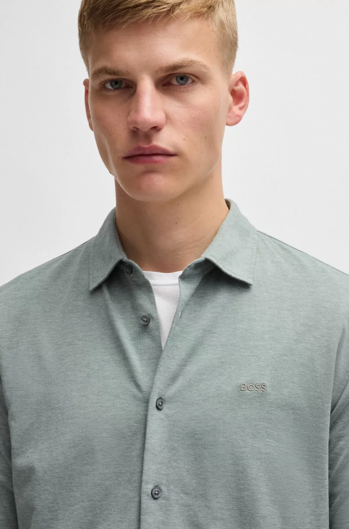 HUGO BOSS Slim Fit Skjorte I Meleret Bomuldspiqué Lysegrøn Online