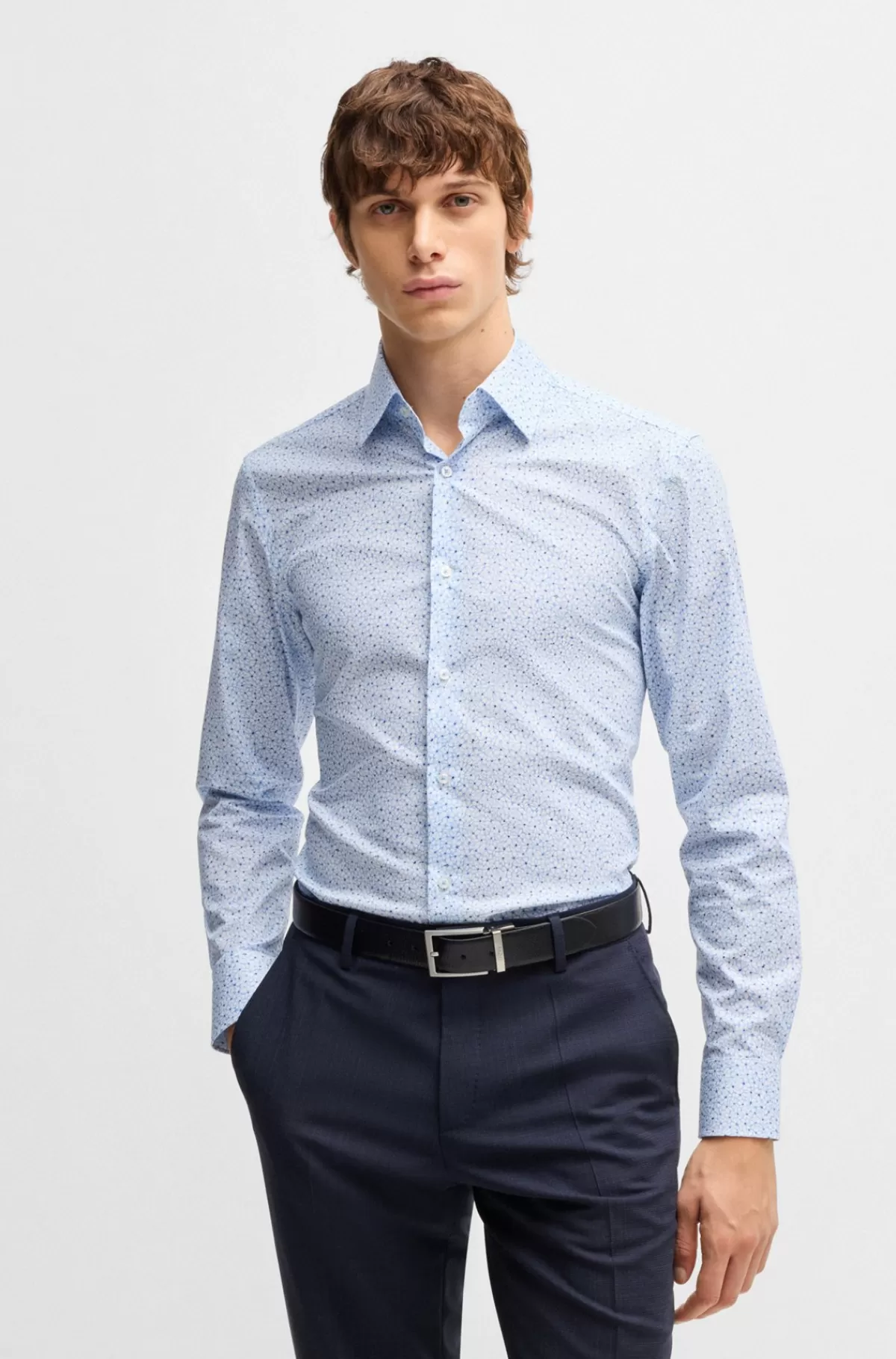 HUGO BOSS Slim Fit Skjorte I Printet Bomuldspoplin Med Stræk Lyseblå Flash Sale