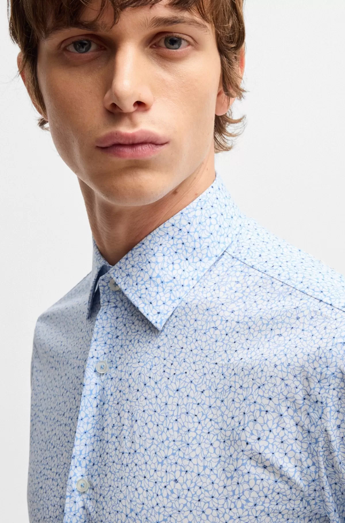 HUGO BOSS Slim Fit Skjorte I Printet Bomuldspoplin Med Stræk Lyseblå Flash Sale