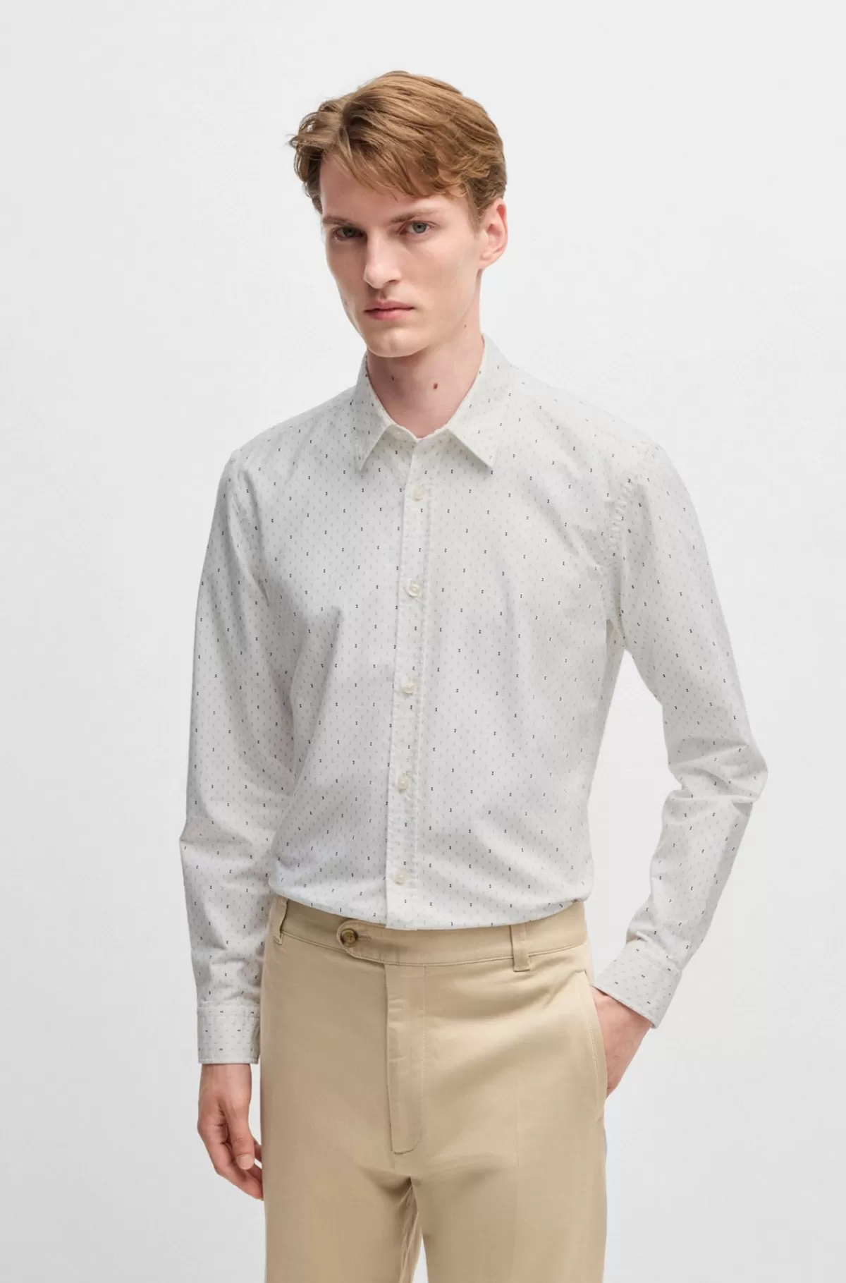 HUGO BOSS Slim Fit Skjorte I Printet Oxford-bomuld Hvid Fashion