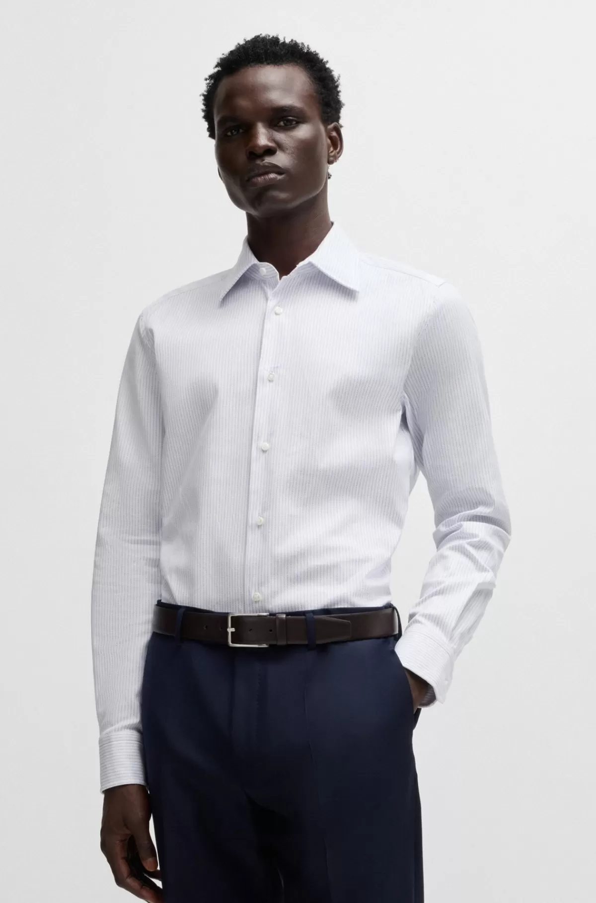 HUGO BOSS Slim Fit Skjorte I Stribet Bomuld Med Stræk Lyseblå Cheap