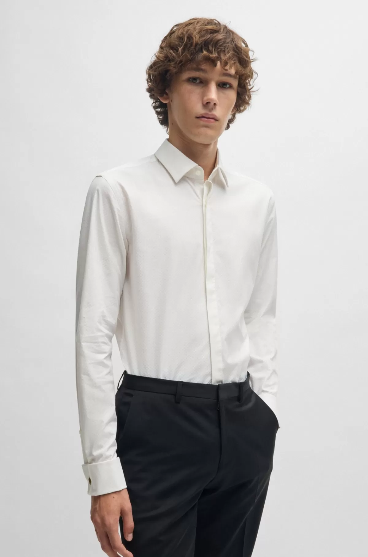 HUGO BOSS Slim Fit Skjorte I Struktureret Bomuld Med Stræk Hvid Outlet