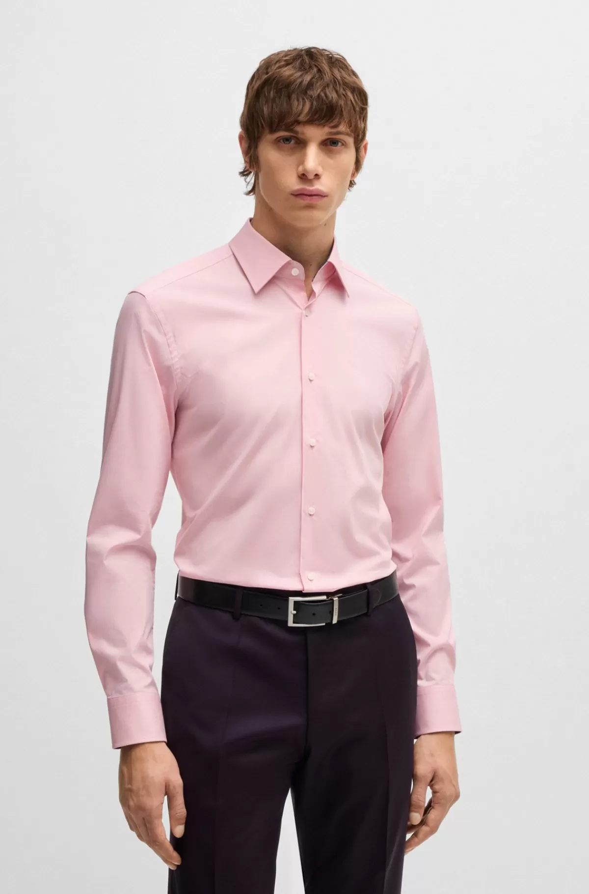 HUGO BOSS Slim Fit Skjorte I Strygelet Bomuldspoplin Med Stræk Lys pink Clearance
