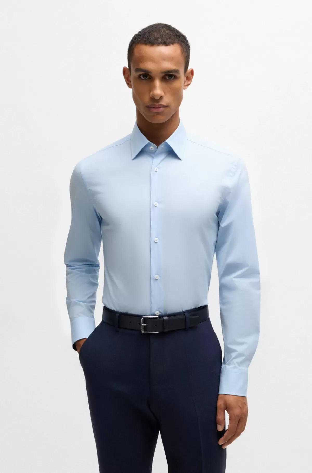HUGO BOSS Slim Fit Skjorte I Strygelet Bomuldspoplin Med Stræk Lyseblå Cheap