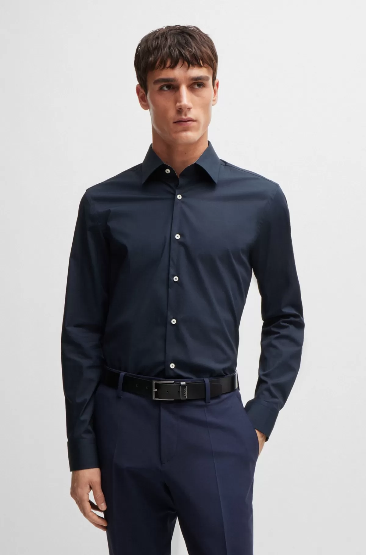 HUGO BOSS Slim Fit Skjorte I Strygelet Bomuldspoplin Med Stræk Mørkeblå Cheap