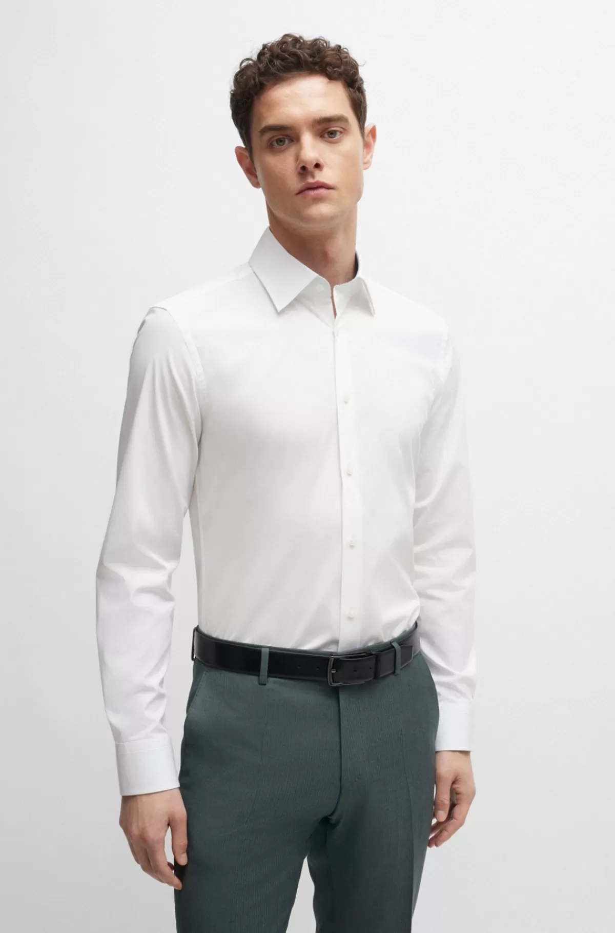 HUGO BOSS Slim Fit Skjorte I Strygelet Bomuldspoplin Med Stræk Hvid Online