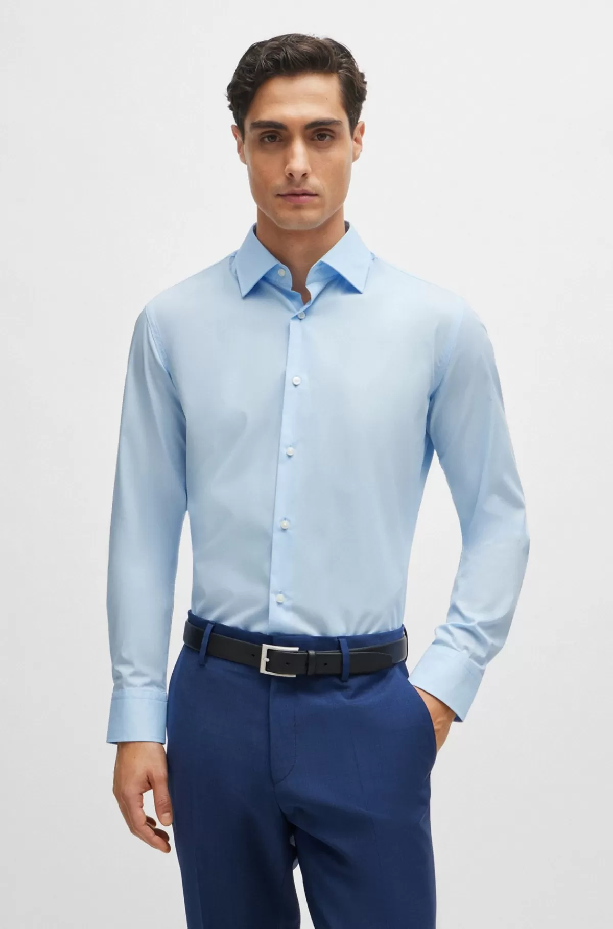HUGO BOSS Slim Fit Skjorte I Strygelet Bomuldspoplin Med Stræk Lyseblå Sale