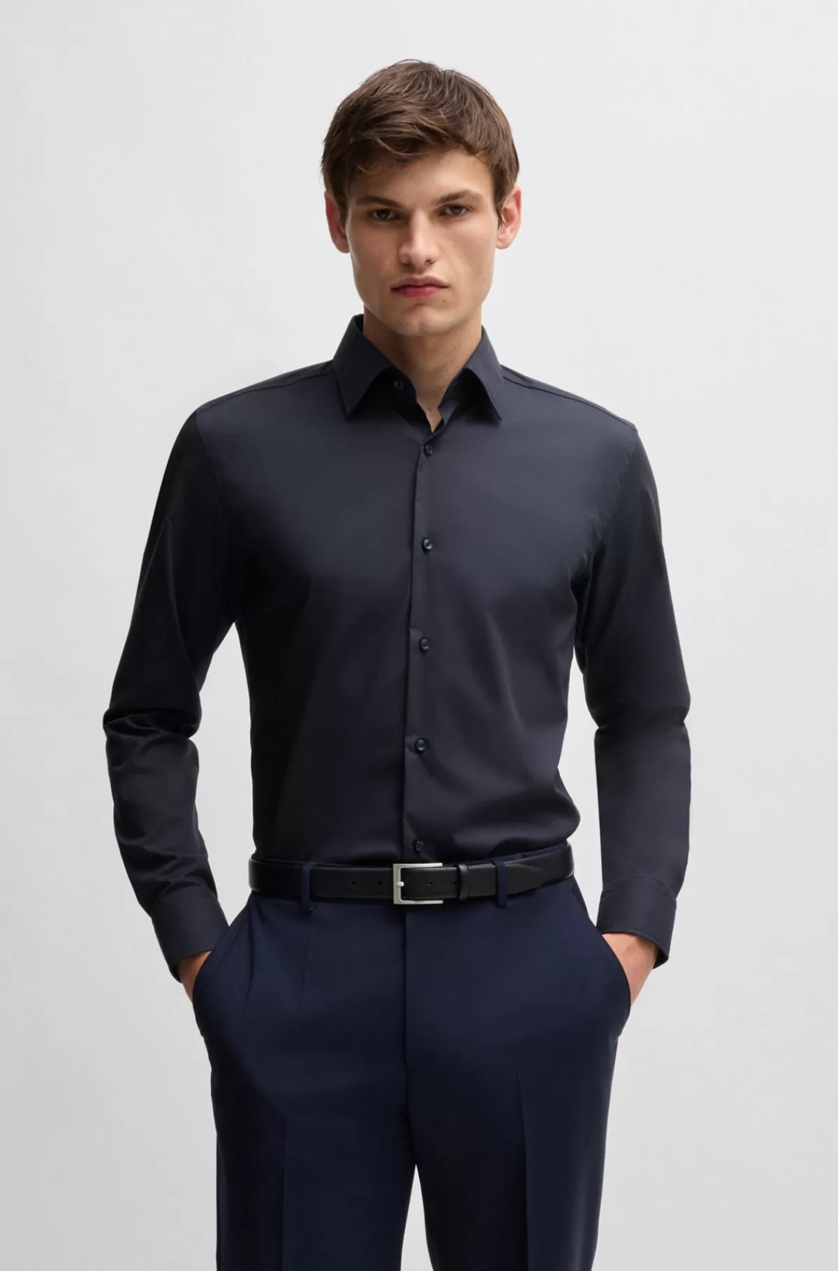 HUGO BOSS Slim Fit Skjorte I Strygelet Bomuldspoplin Med Stræk Mørkeblå Best