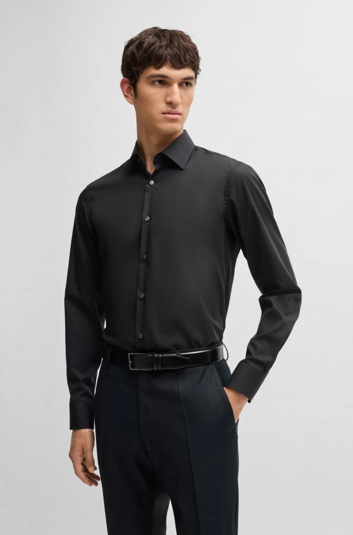 HUGO BOSS Slim Fit Skjorte I Strygelet Bomuldspoplin Med Stræk Sort Fashion