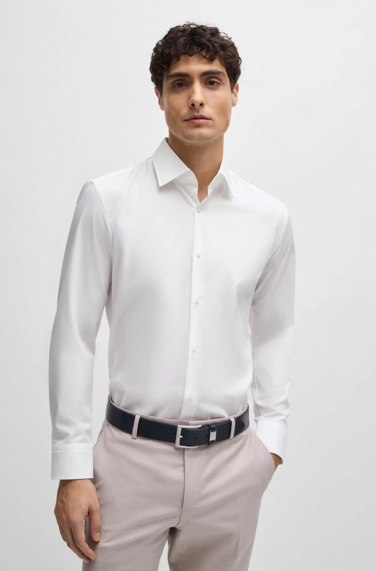 HUGO BOSS Slim Fit Skjorte I Strygelet Bomuldspoplin Med Stræk Hvid New