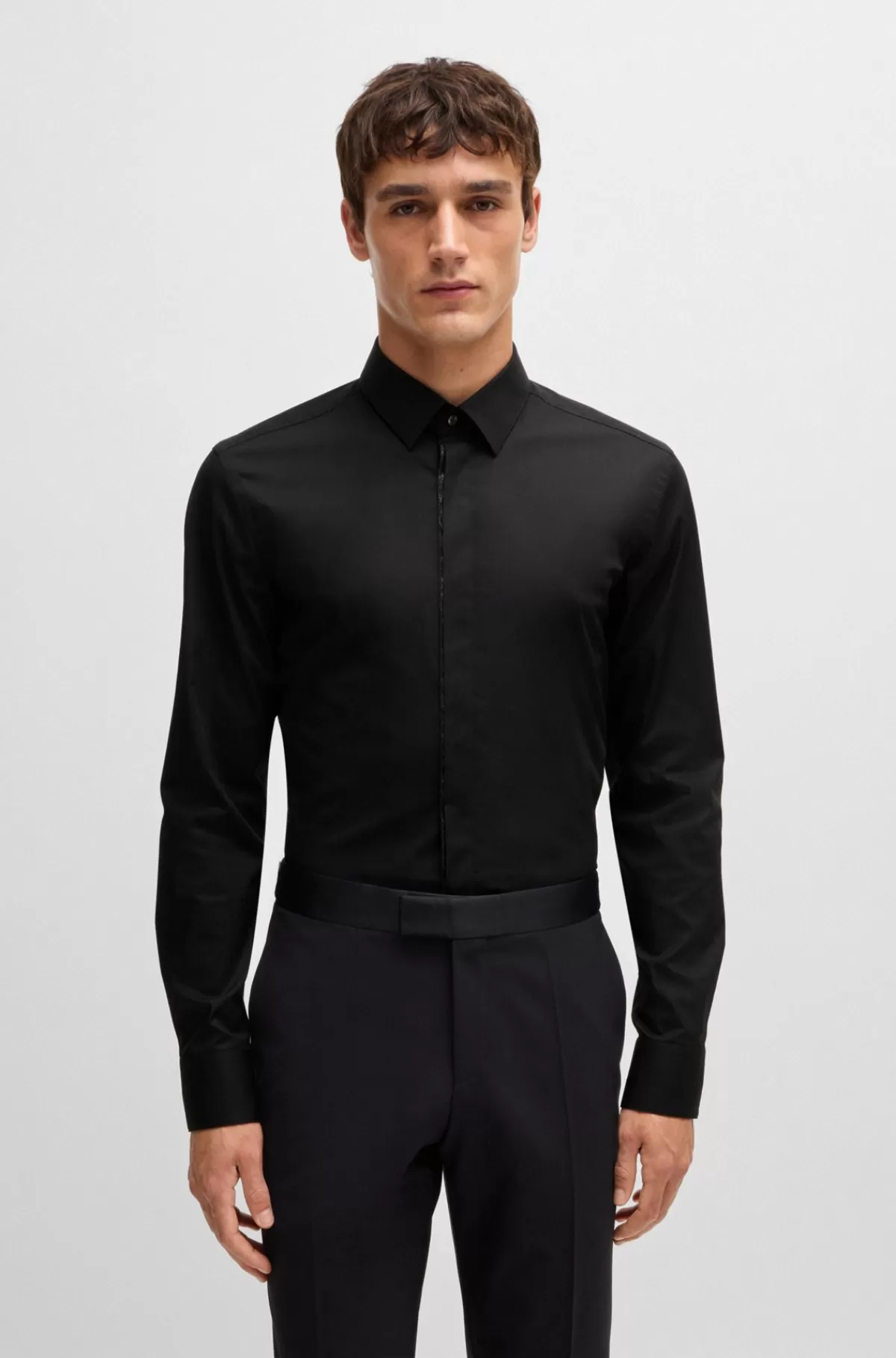 HUGO BOSS Slim Fit Skjorte I Strygelet Bomuldspoplin Med Stræk Sort Hot