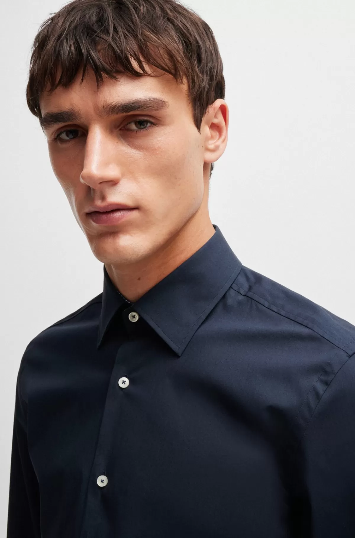 HUGO BOSS Slim Fit Skjorte I Strygelet Bomuldspoplin Med Stræk Mørkeblå Cheap