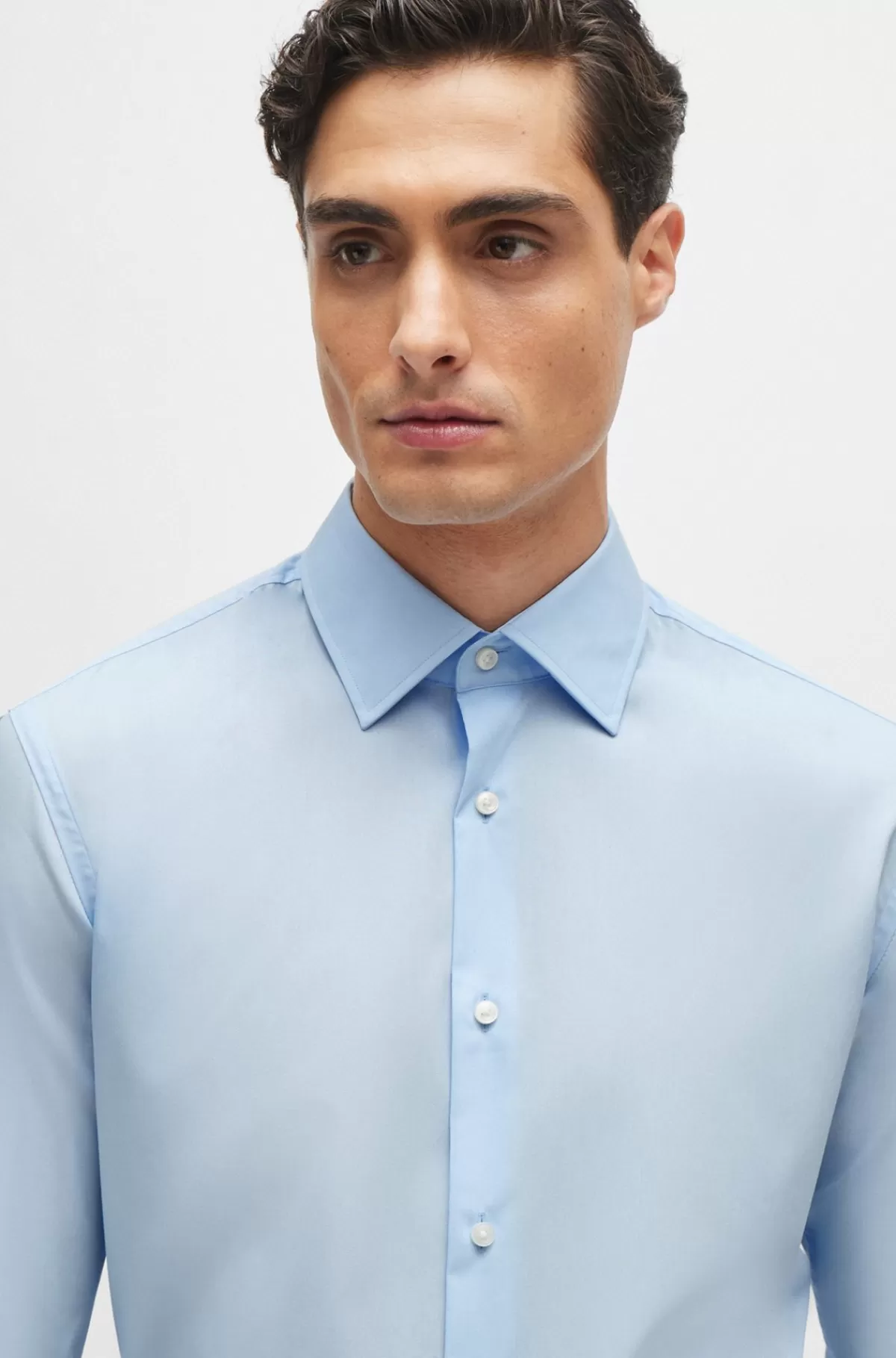 HUGO BOSS Slim Fit Skjorte I Strygelet Bomuldspoplin Med Stræk Lyseblå Sale