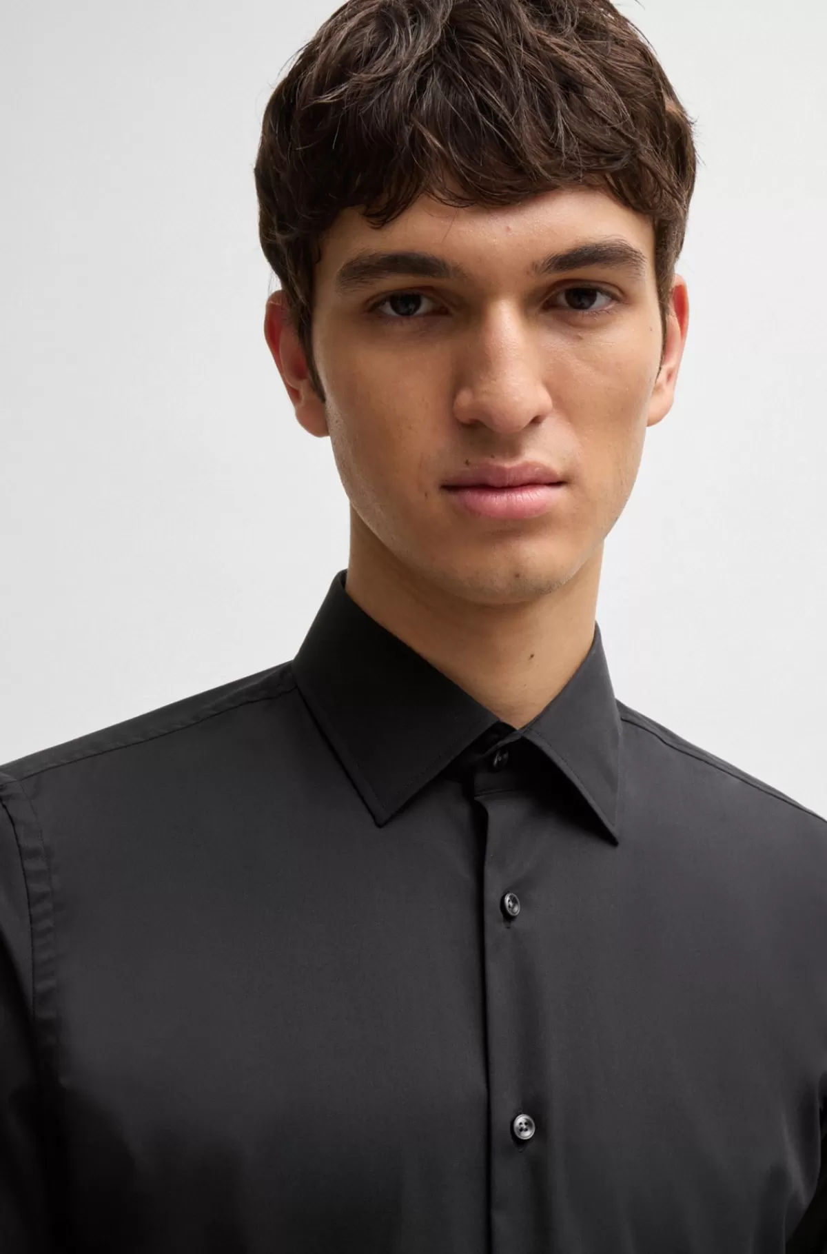 HUGO BOSS Slim Fit Skjorte I Strygelet Bomuldspoplin Med Stræk Sort Fashion