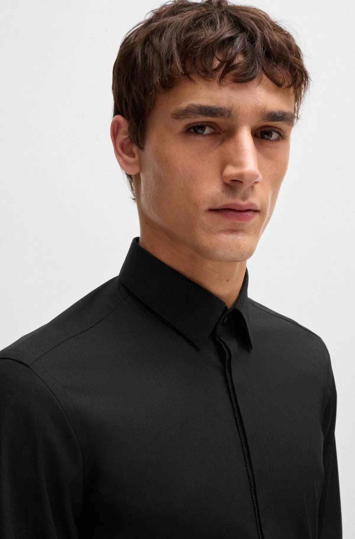 HUGO BOSS Slim Fit Skjorte I Strygelet Bomuldspoplin Med Stræk Sort Hot
