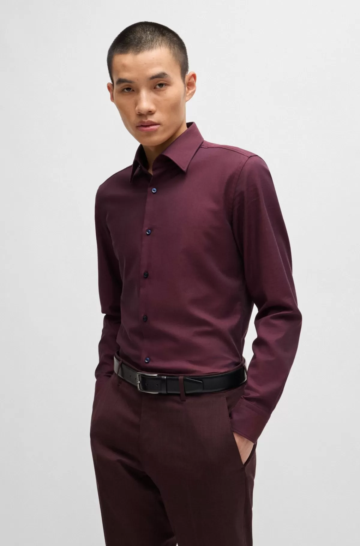 HUGO BOSS Slim Fit Skjorte I Strygelet Bomuldstwill Med Stræk Mørkerød Fashion