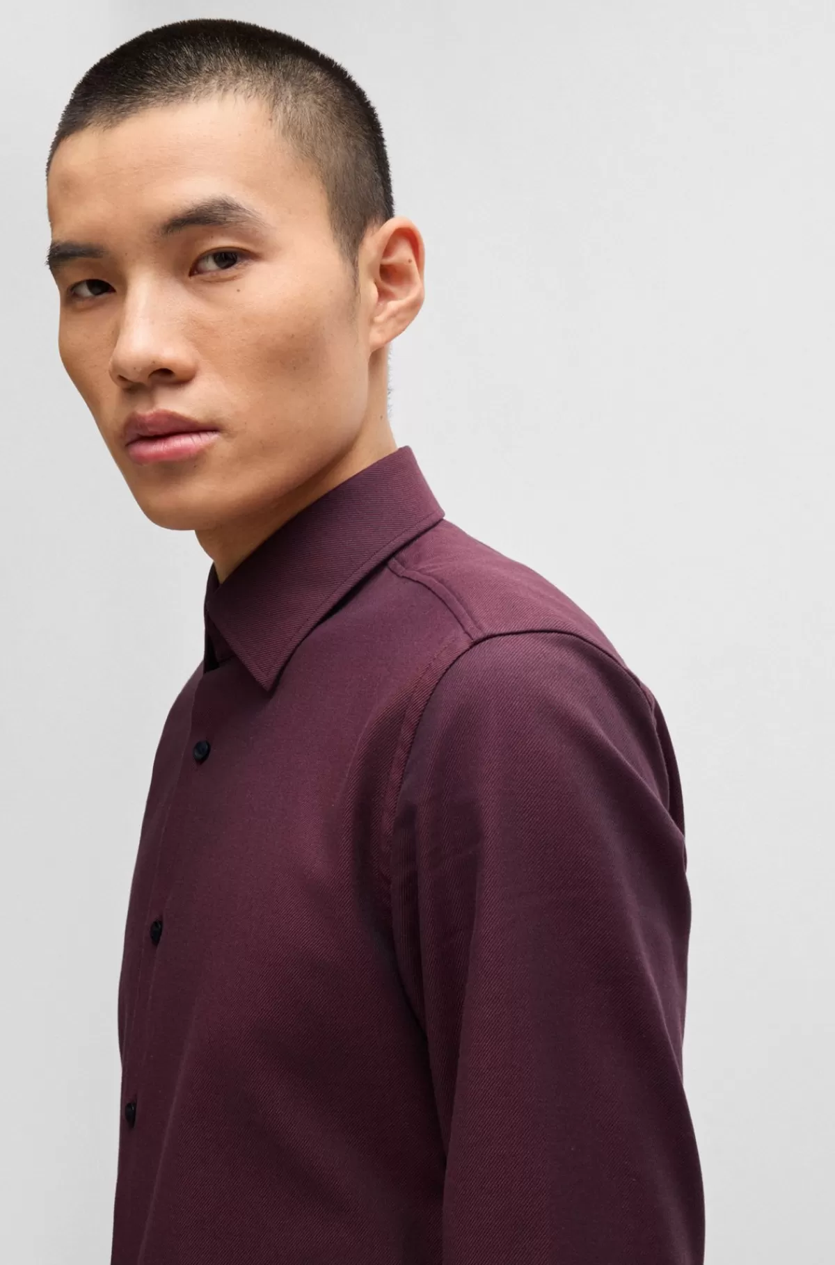 HUGO BOSS Slim Fit Skjorte I Strygelet Bomuldstwill Med Stræk Mørkerød Fashion