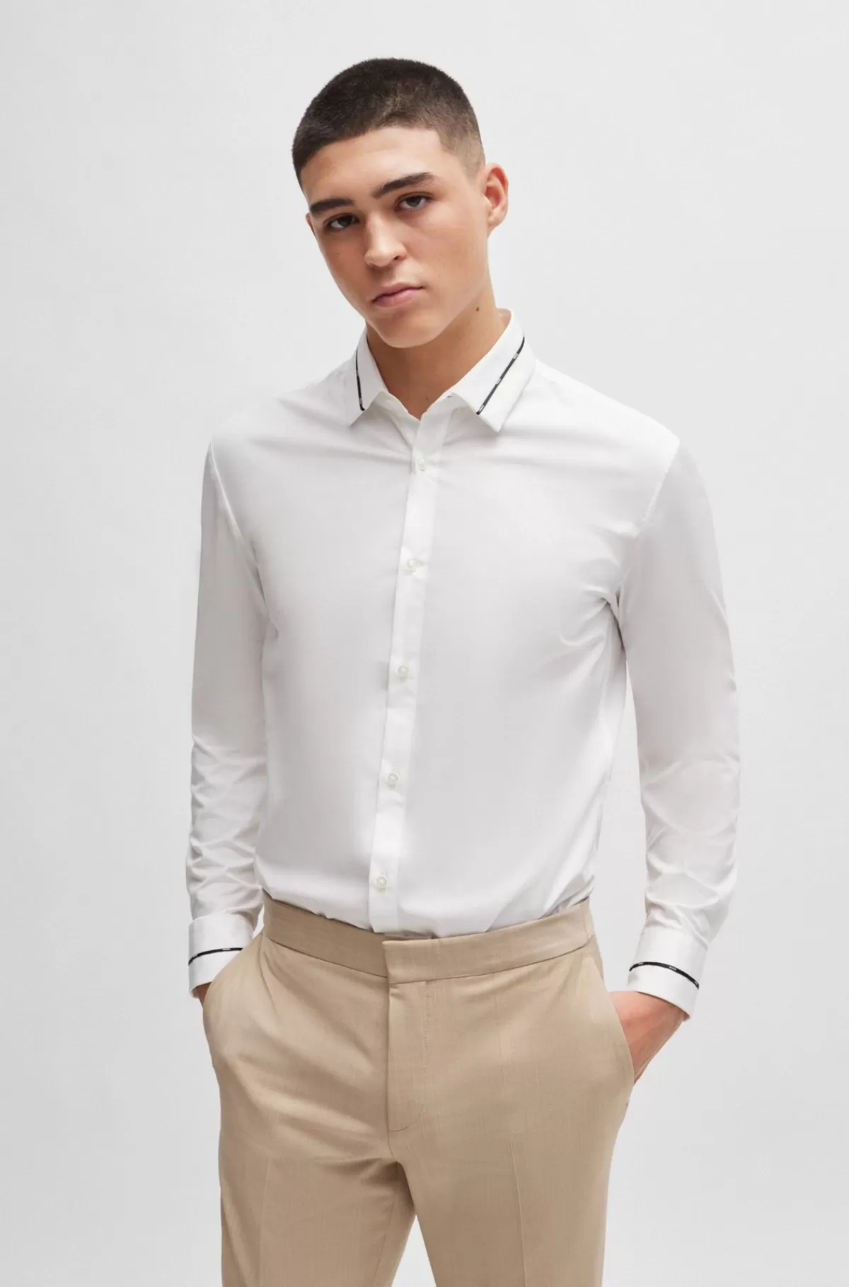 HUGO BOSS Slim Fit Skjorte Med Båndkrave Og Manchetter Hvid Clearance