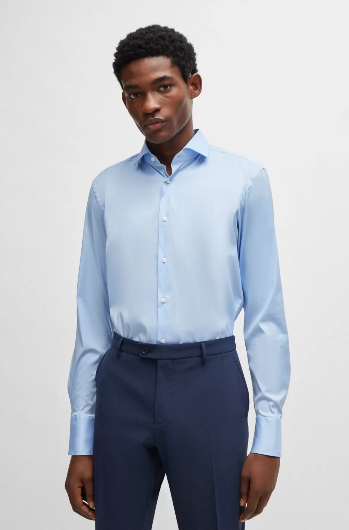 HUGO BOSS Slim Fit Strygelet Skjorte I Bomuldspoplin Lyseblå Online