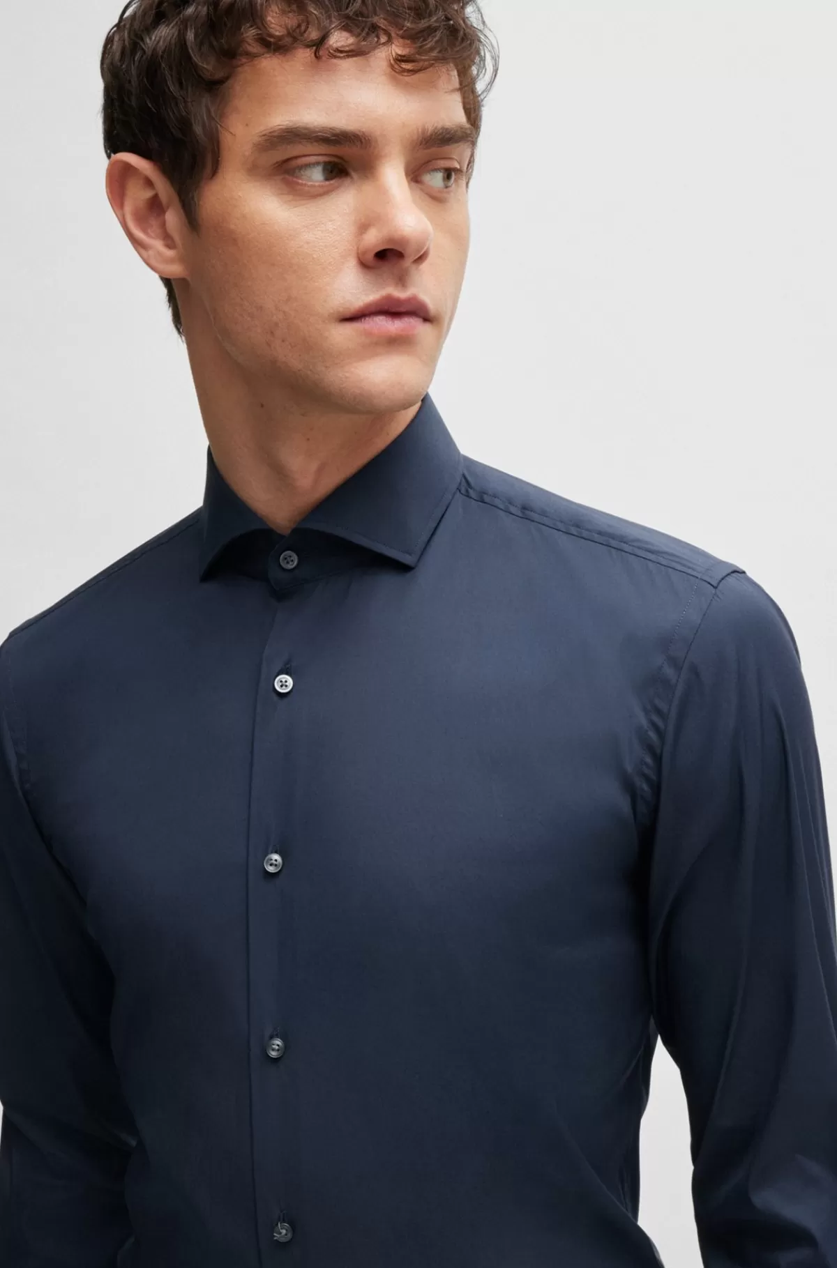 HUGO BOSS Slim Fit Strygelet Skjorte I Bomuldspoplin Mørkeblå Clearance