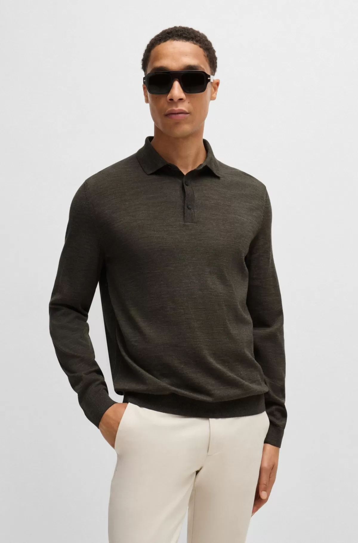 HUGO BOSS Slim Fit Sweater I Ny Uld Med Polokrave Mørkebrun Outlet