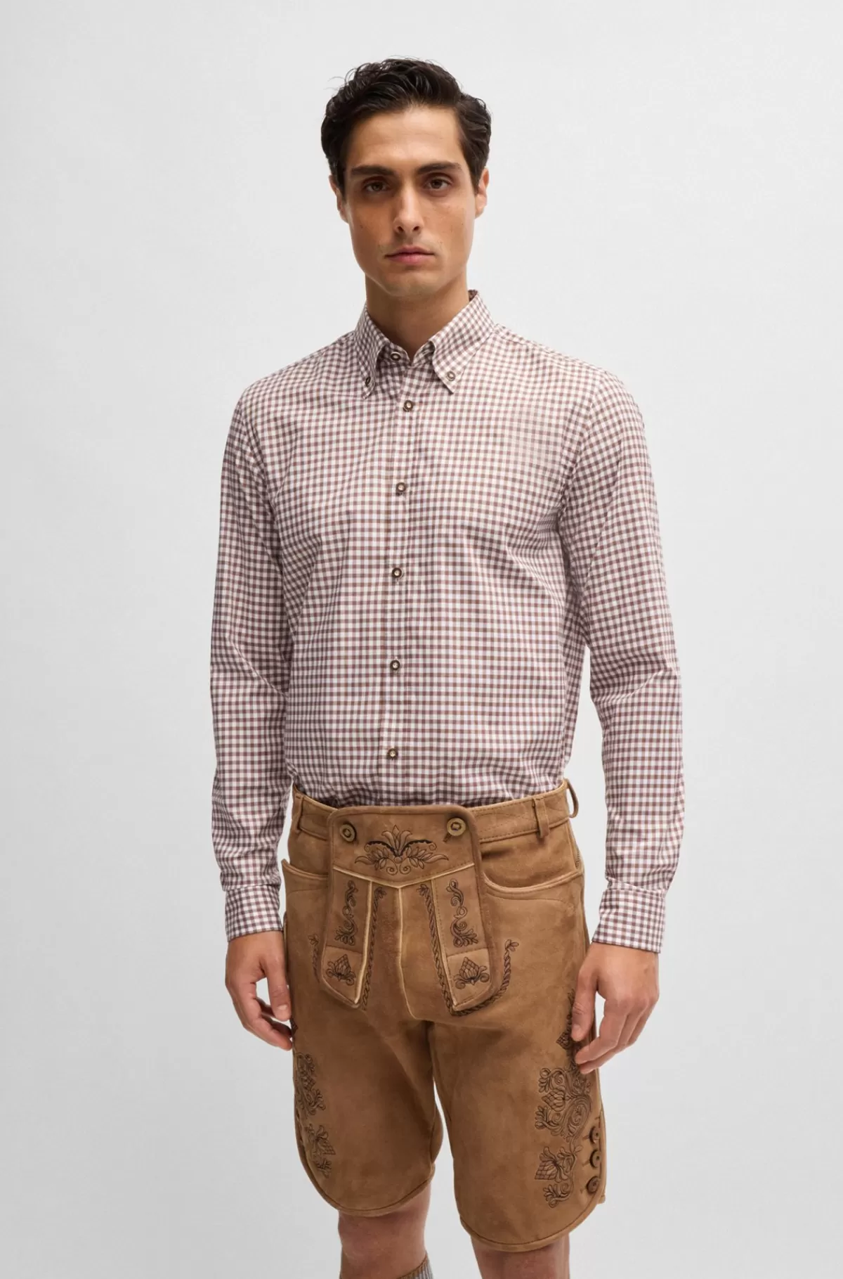 HUGO BOSS Slim Fit Trachten-skjorte I Ternet Bomuld Beige Shop