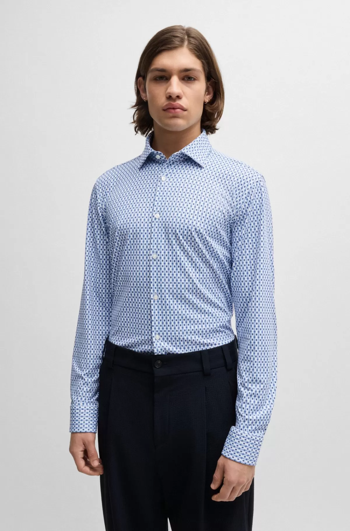 HUGO BOSS Slim-fit Skjorte I Printet Performance-kanvas Med Stræk Blå mønstret New