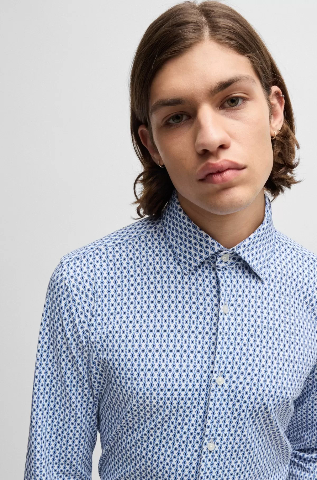 HUGO BOSS Slim-fit Skjorte I Printet Performance-kanvas Med Stræk Blå mønstret New
