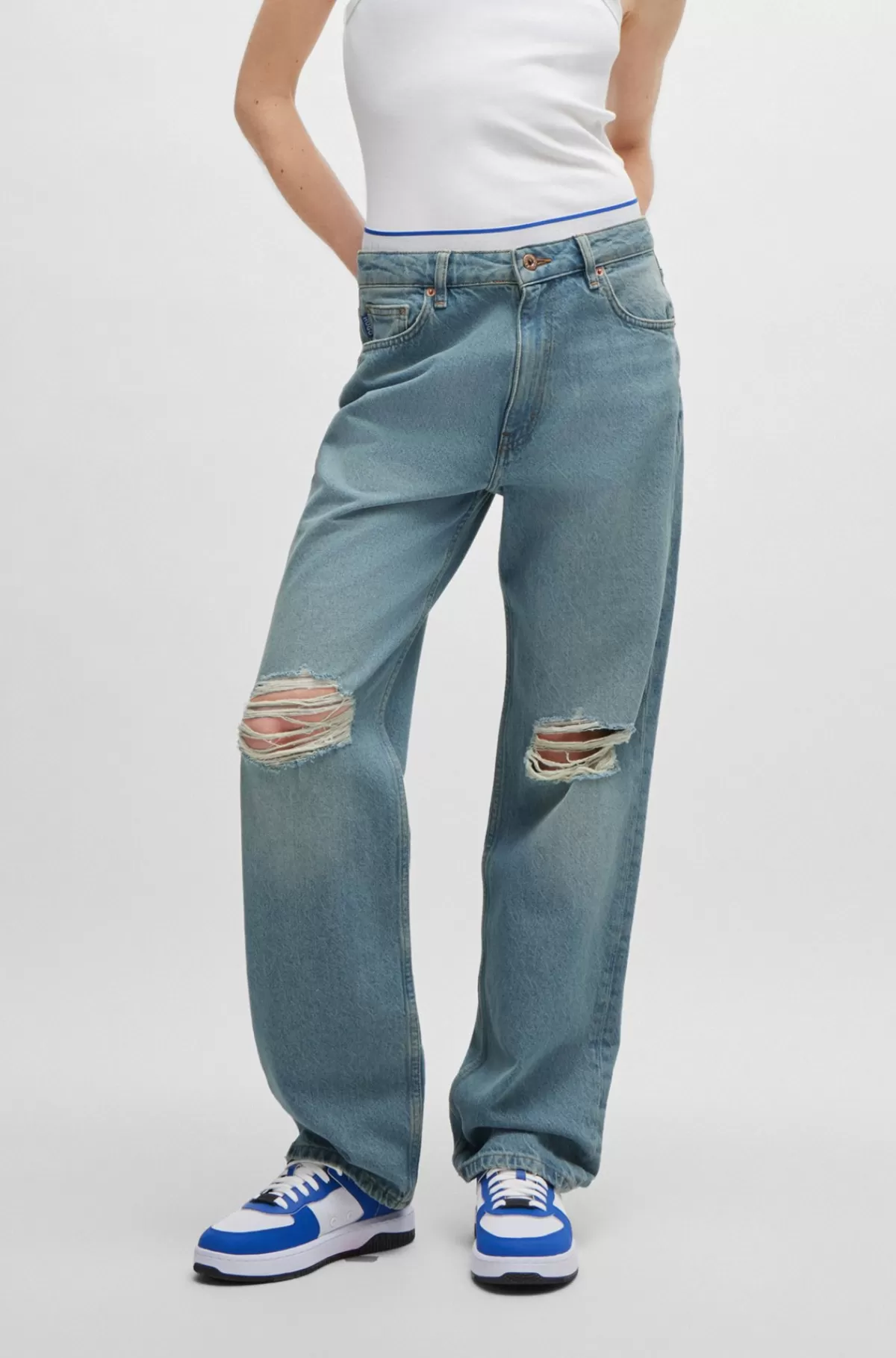 HUGO BOSS Straight Fit Jeans I Marine Denim Med Hullede Knæ Blå Best