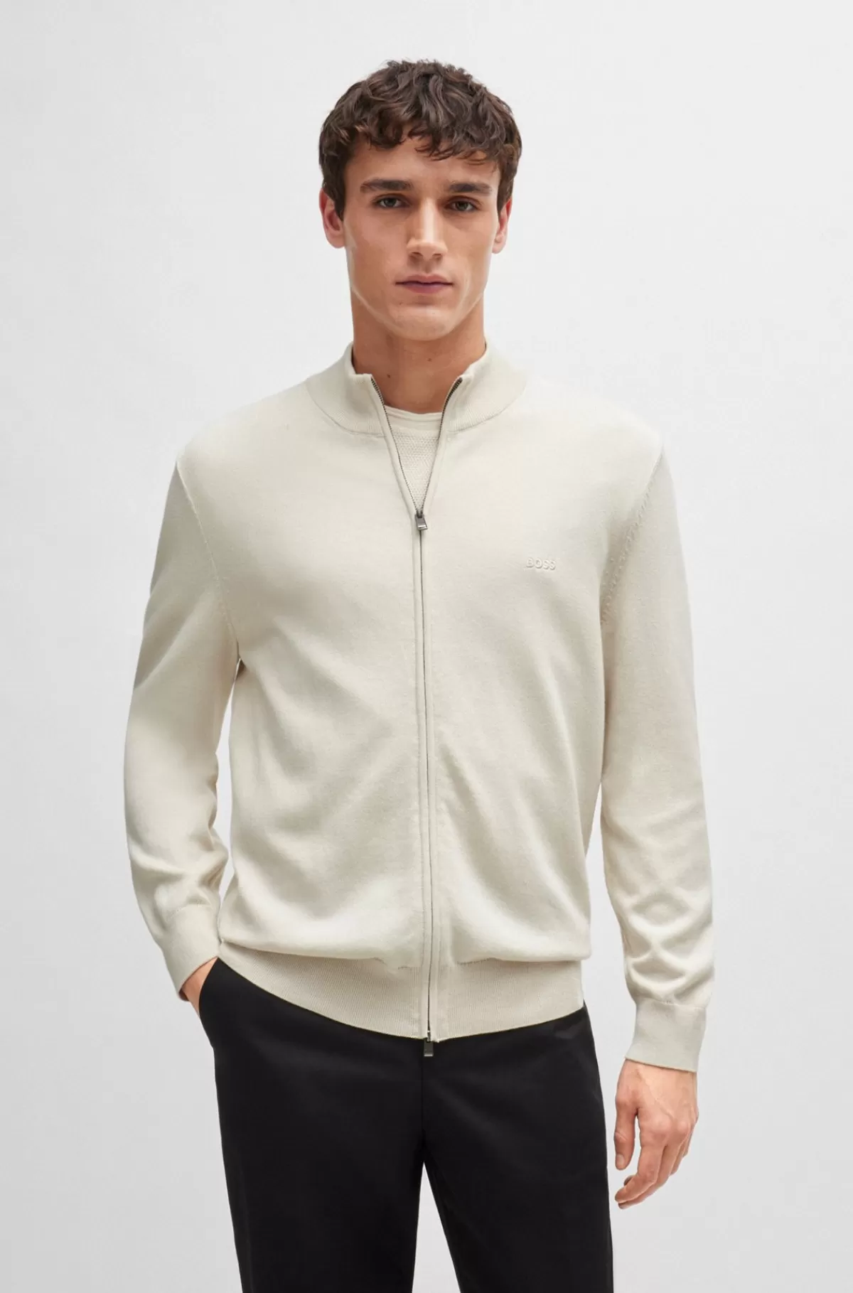 HUGO BOSS Strikket Bomuldscardigan Med Lynlås Og Broderet Logo Naturlig Discount