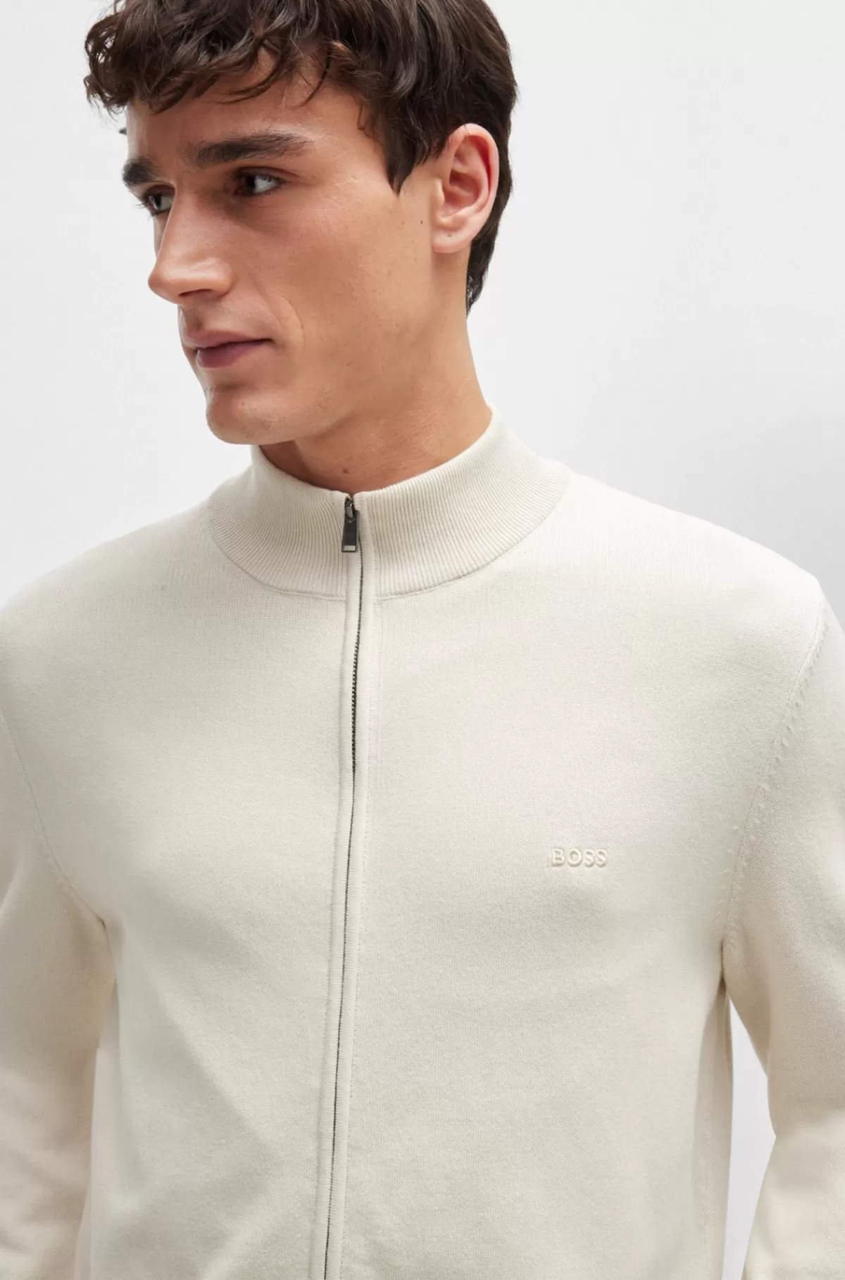 HUGO BOSS Strikket Bomuldscardigan Med Lynlås Og Broderet Logo Naturlig Discount