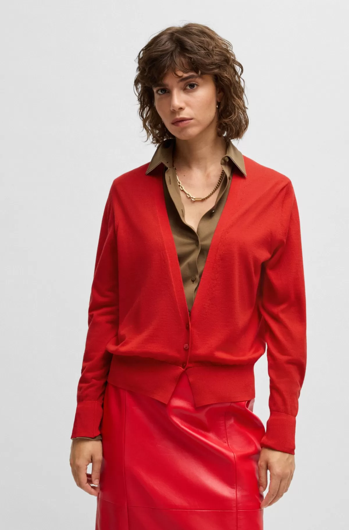 HUGO BOSS Strikket Cardigan I Ny Uld Med V-hals Rød Cheap