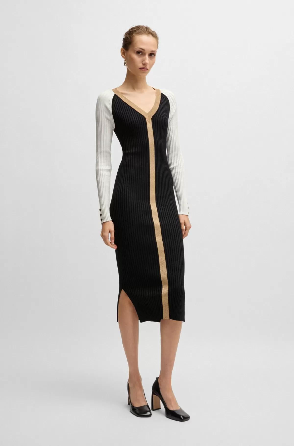 HUGO BOSS Strikket Kjole Med V-hals I Metalliseret Stof Sort/hvid/beige Online