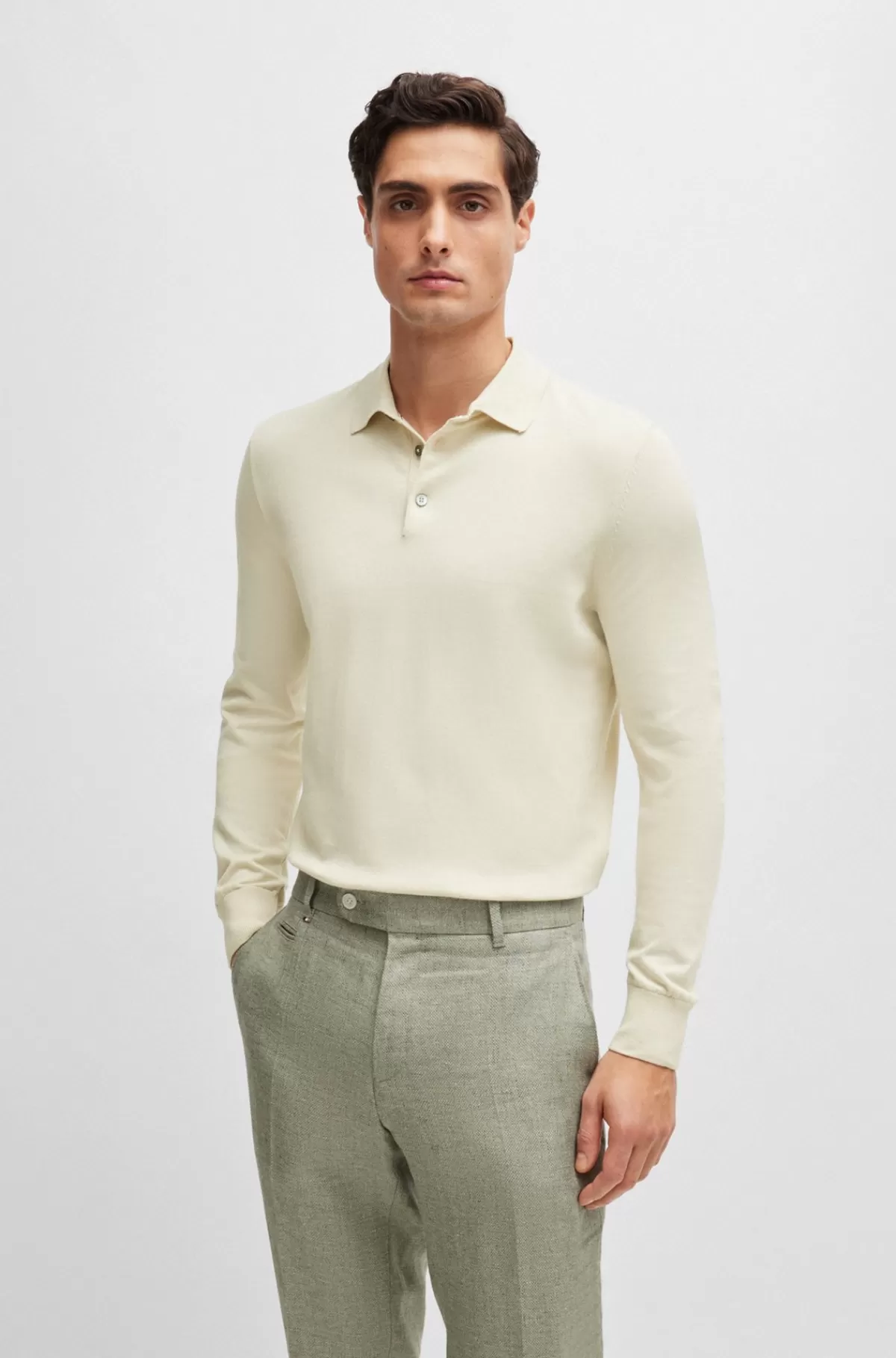 HUGO BOSS Strikket Polosweater Med Regular Fit I Bomuldsjersey Naturlig Clearance