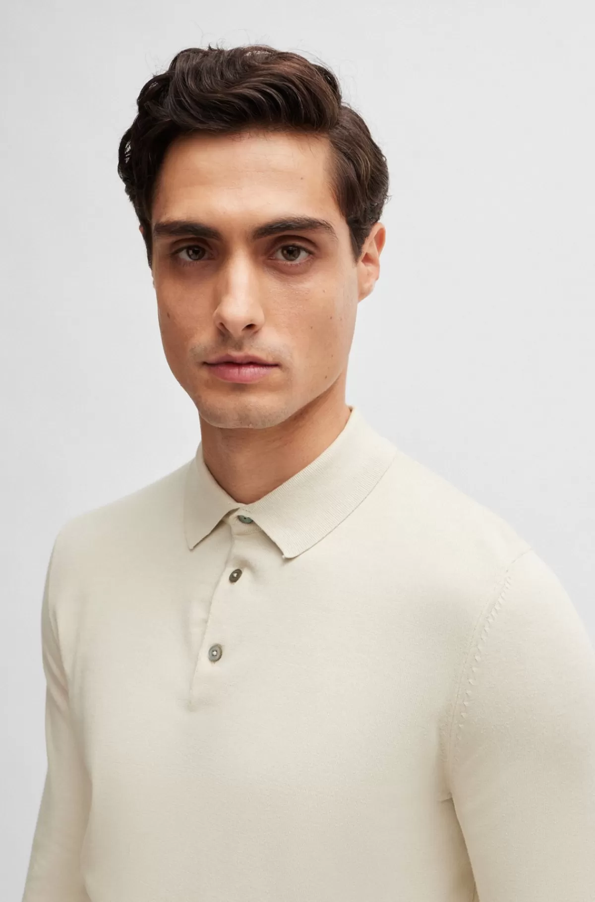 HUGO BOSS Strikket Polosweater Med Regular Fit I Bomuldsjersey Naturlig Clearance